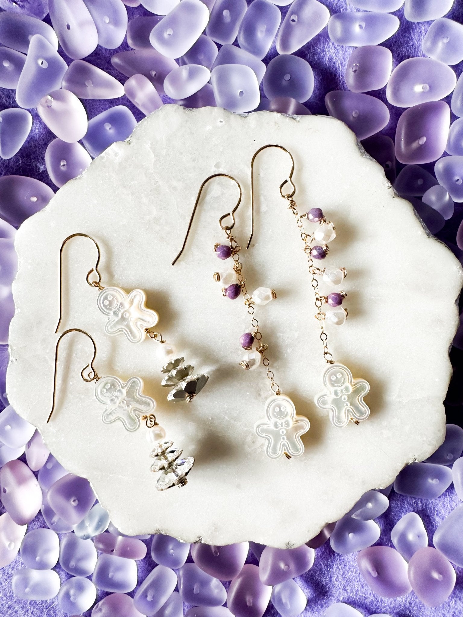 Gingerbread Man Shell & Crystal Tree Earrings - Lehua Hawaii Jewelry LLC