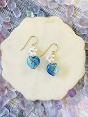 Shell Tiare & Blue Puff Heart Glass Earrings