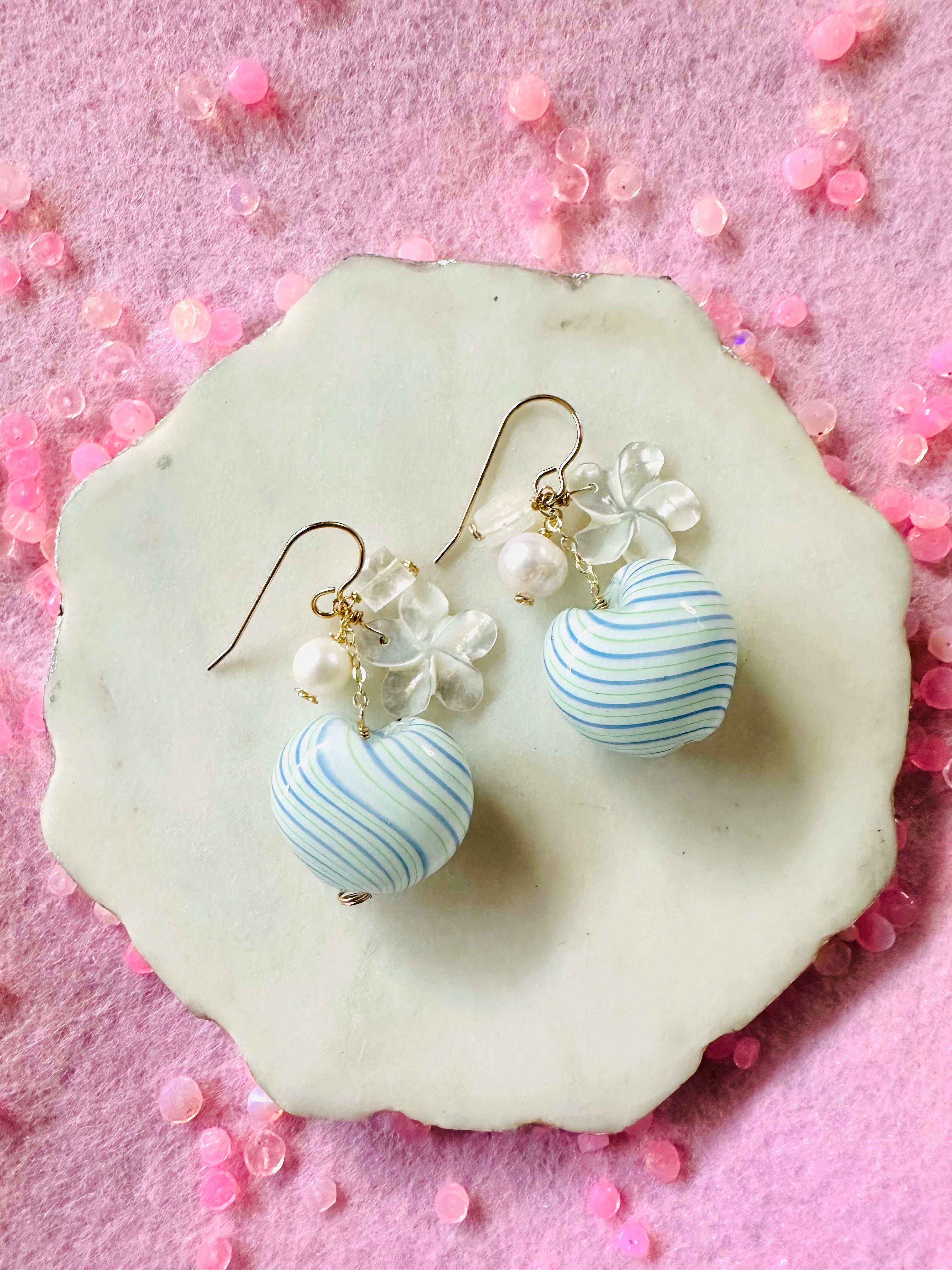 Plumeria Shell & Puff Glass Heart Earrings