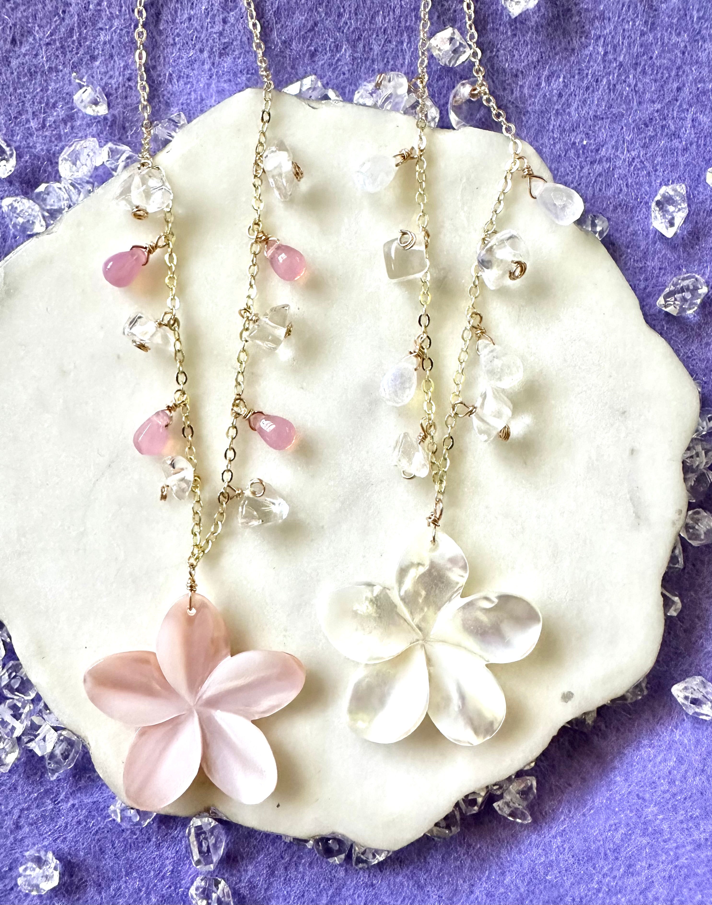 White Plumeria & Crystal Quartz Necklace
