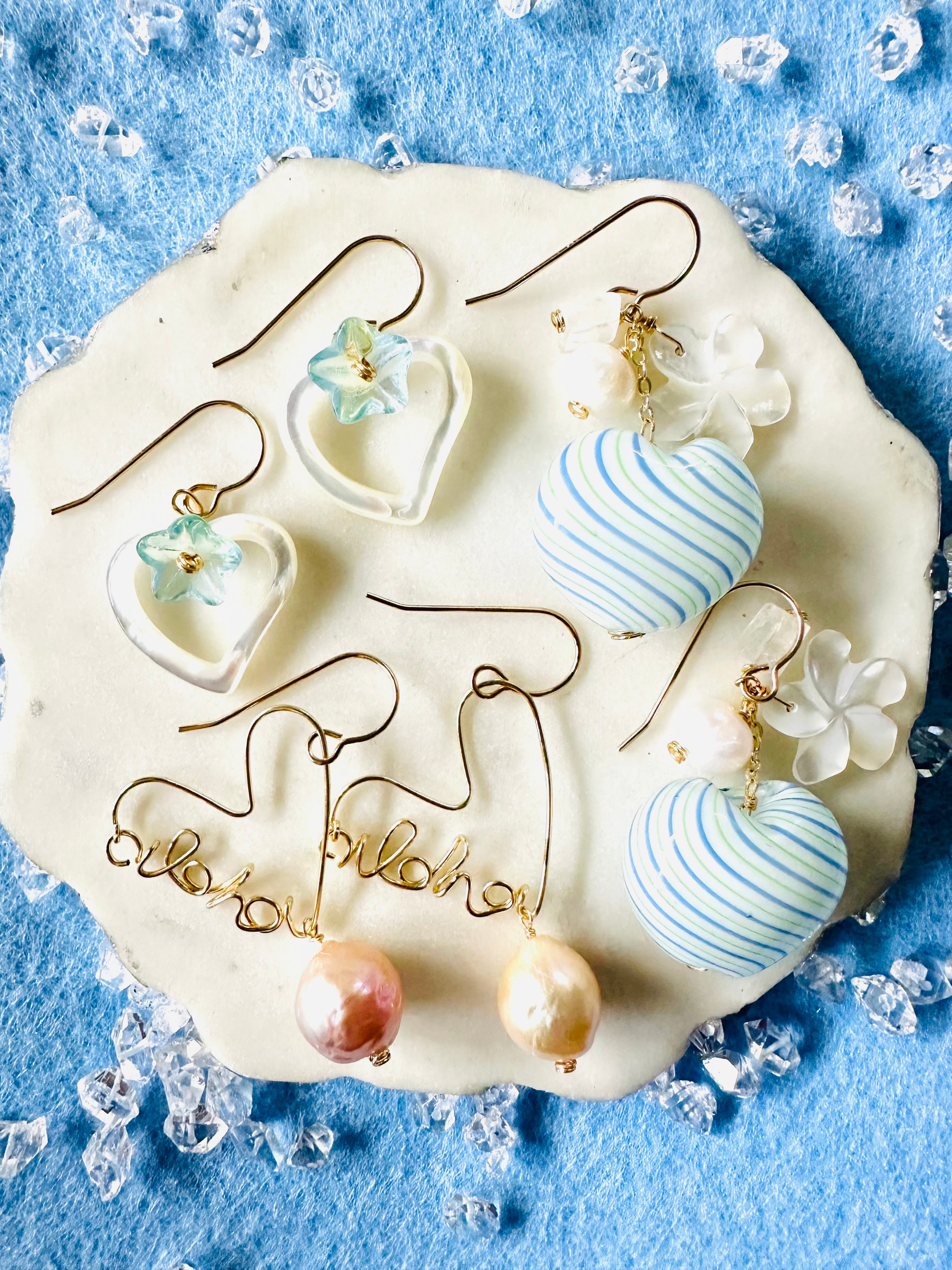 Plumeria Shell & Puff Glass Heart Earrings