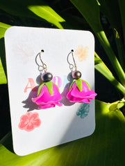 Pink Rose & Peacock Pearl Earrings