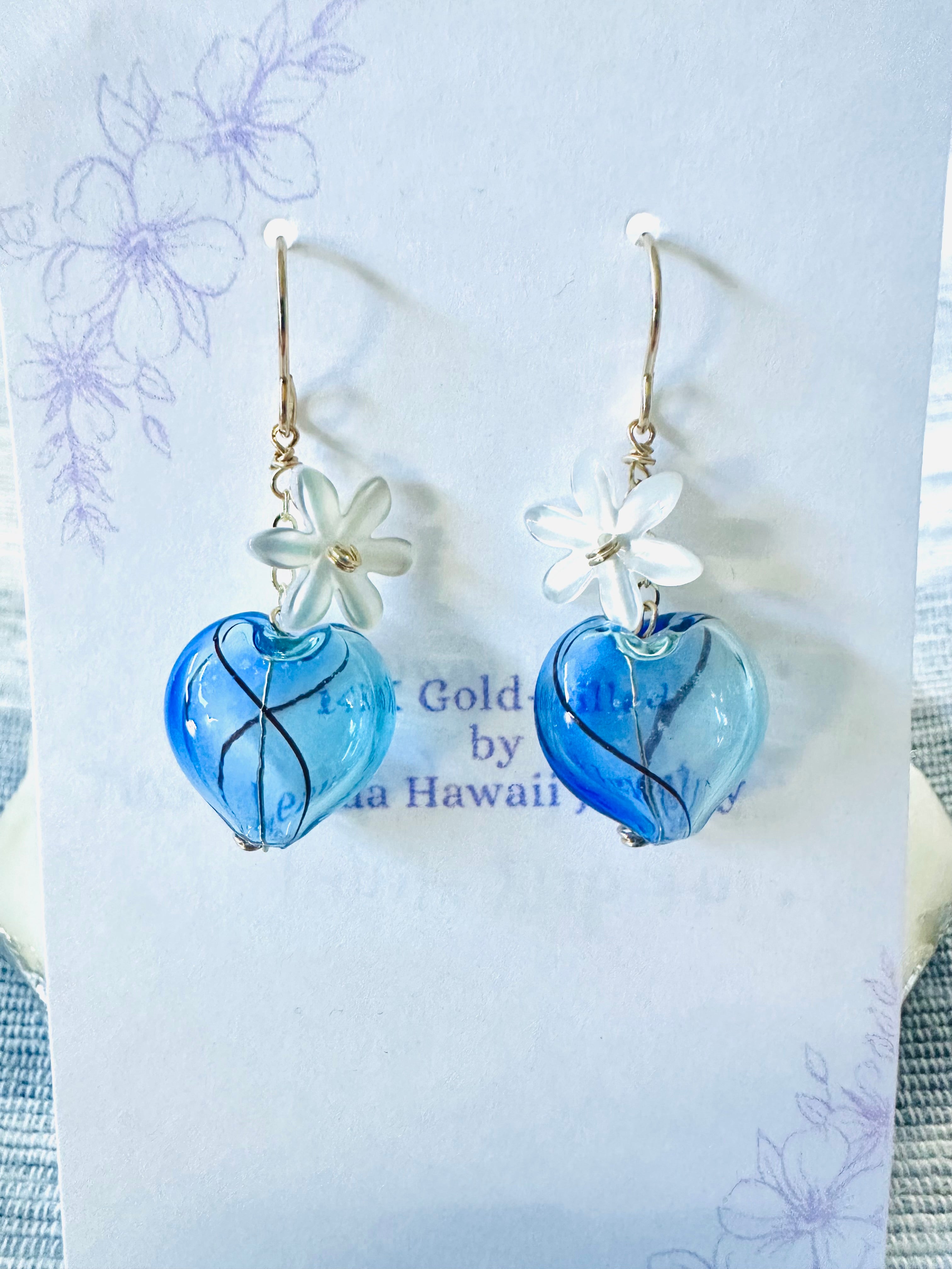 Shell Tiare & Blue Puff Heart Glass Earrings