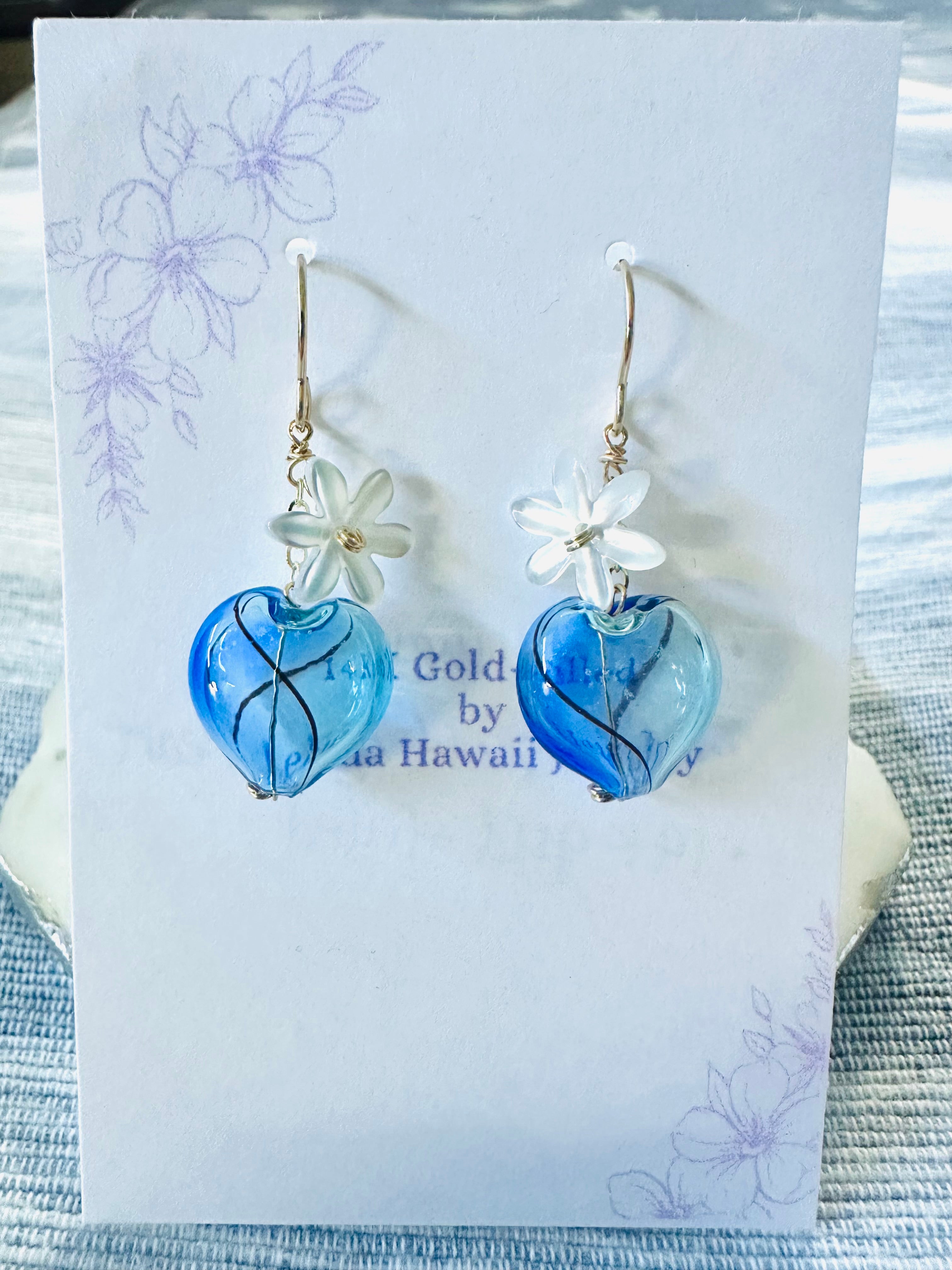 Shell Tiare & Blue Puff Heart Glass Earrings