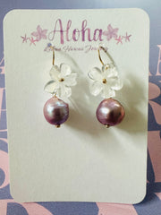 Clear Flower & Purple Pearl Earrings