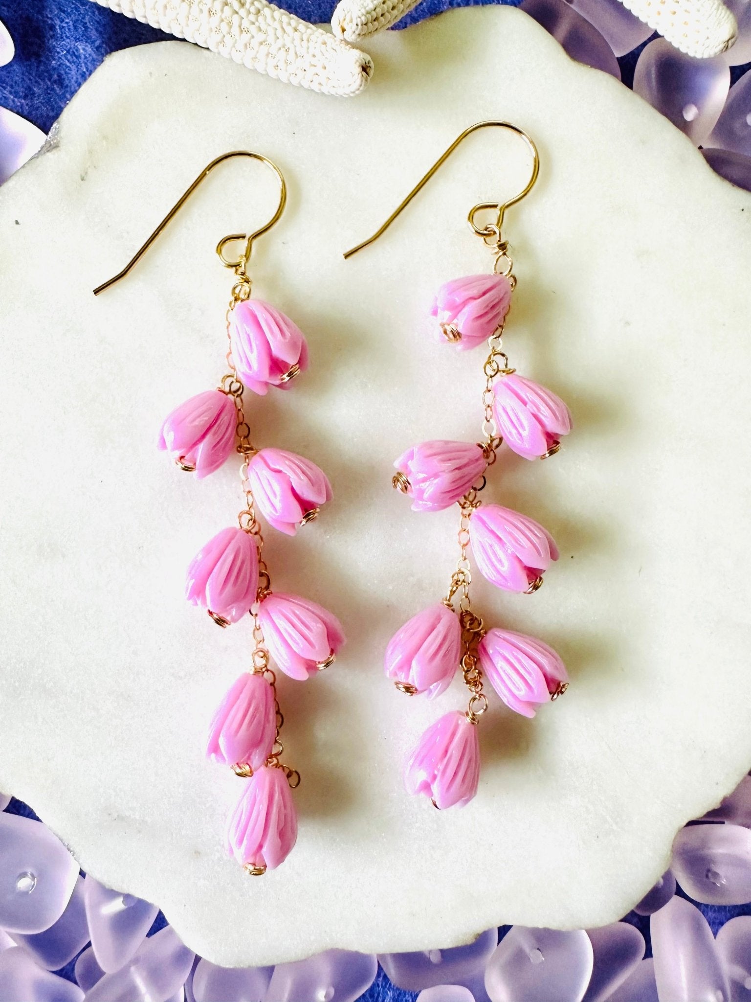 lavender flower earrings Rosy Lavender Pua Pikake Dangling Earrings