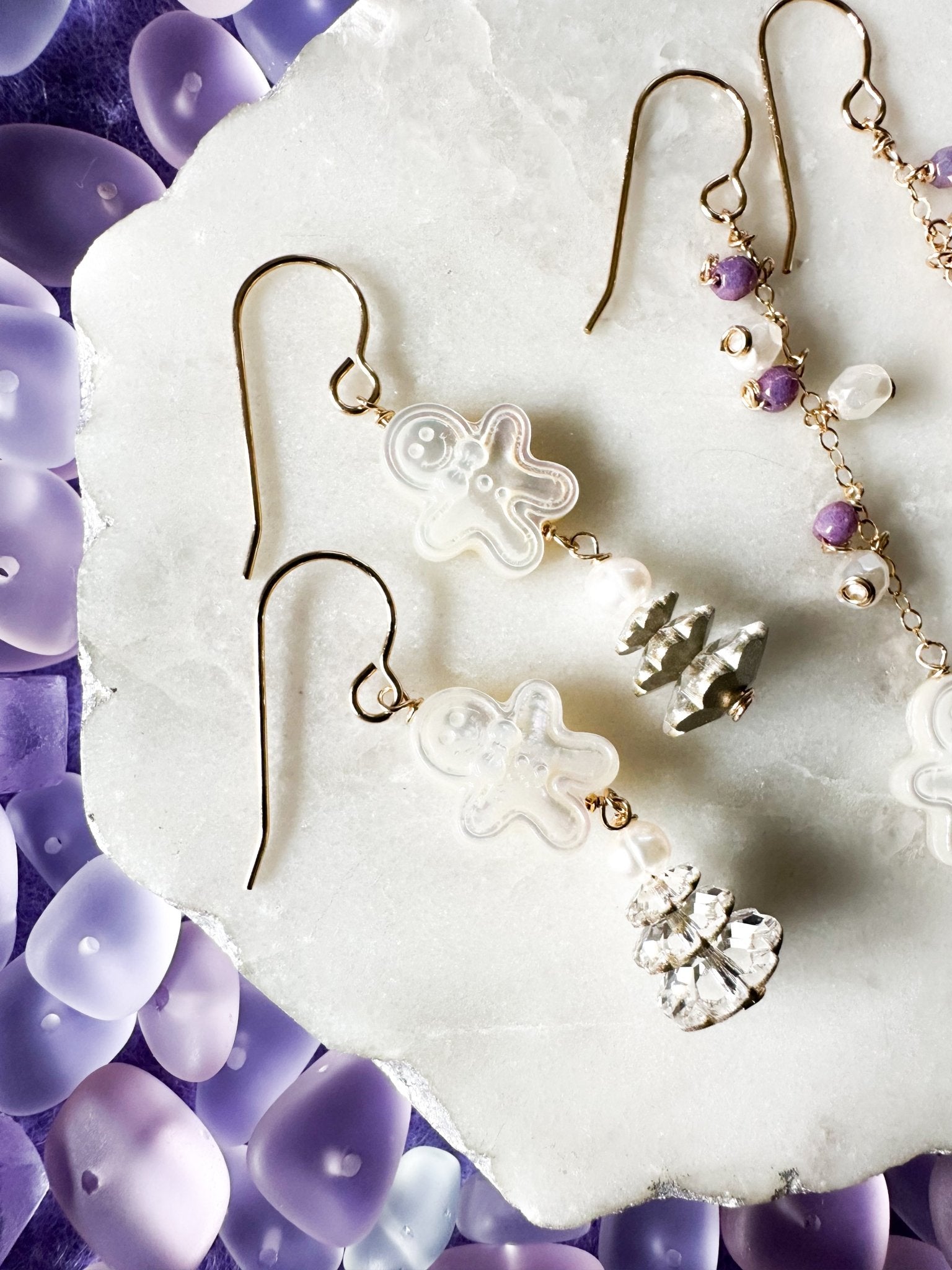 Gingerbread Man Shell & Crystal Tree Earrings - Lehua Hawaii Jewelry LLC