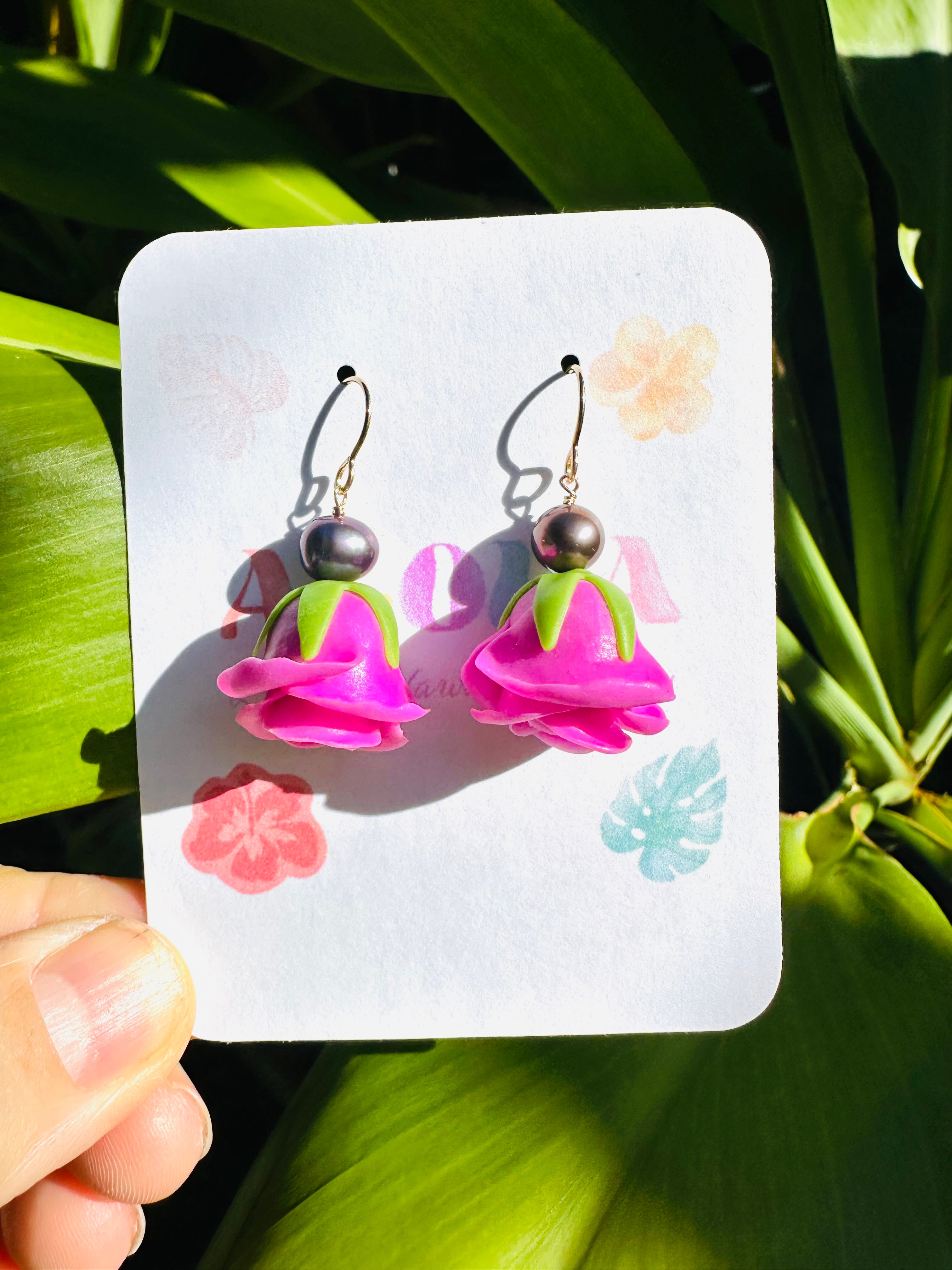 Pink Rose & Peacock Pearl Earrings