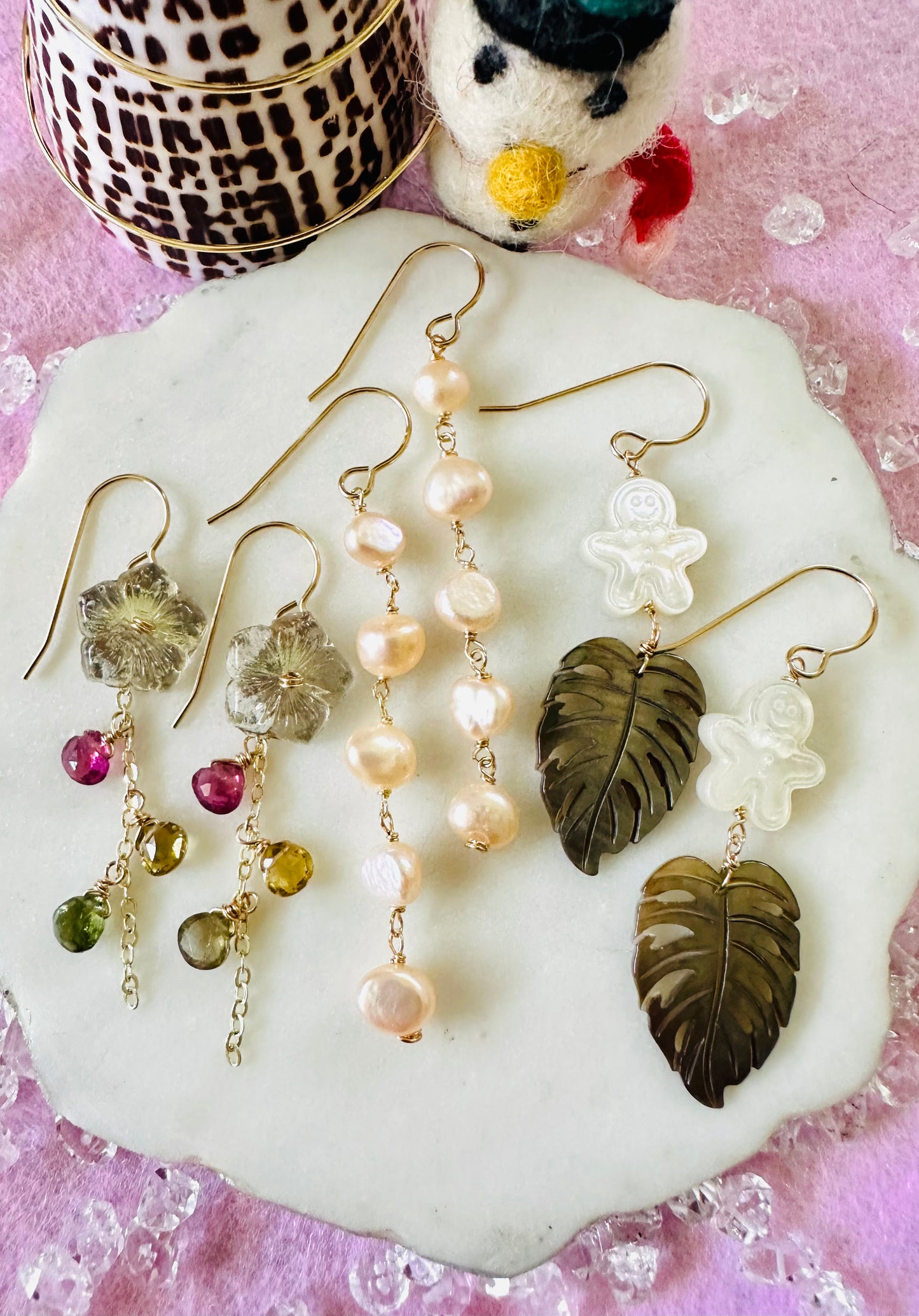 Vintage Gold Flower & Toumaline Earrings
