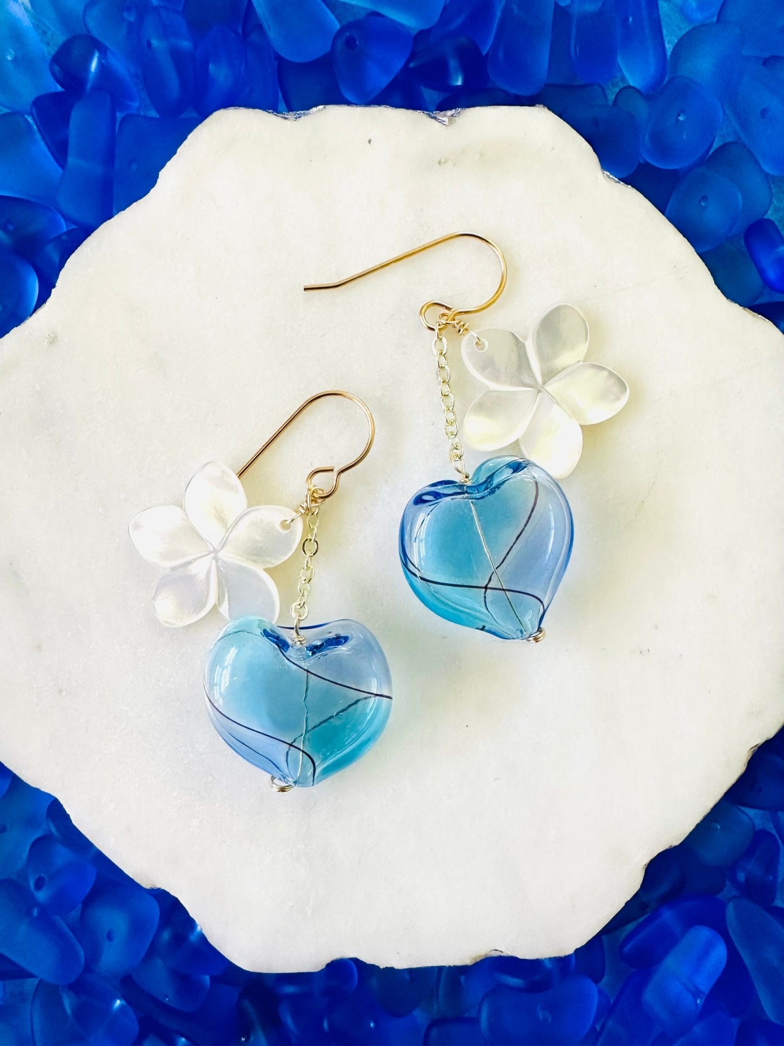 Plumeria Shell & Blue Heart Earrings - Lehua Hawaii Jewelry LLC