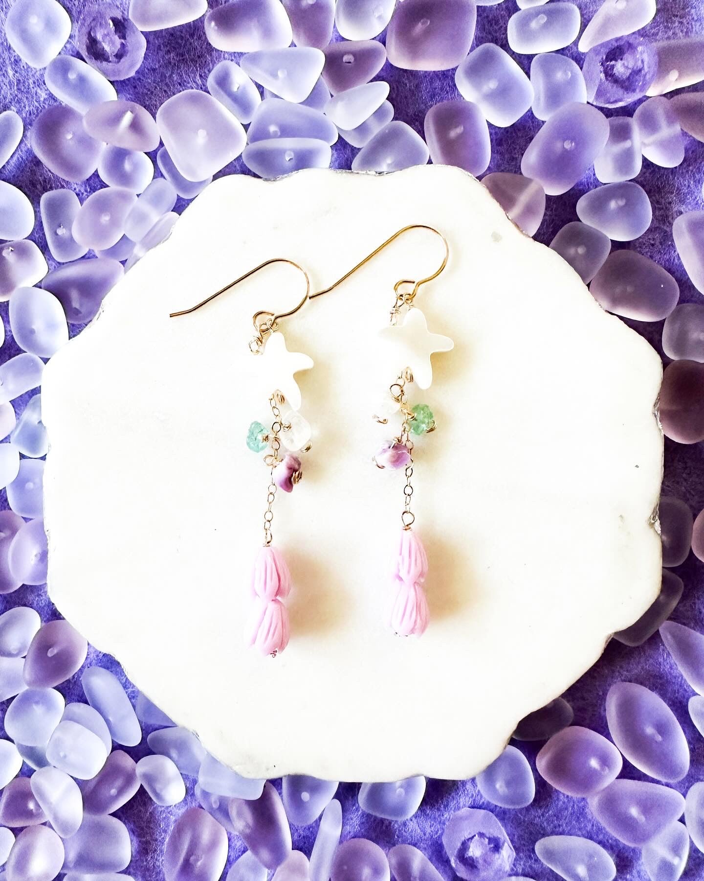 Shell Starfish & Pink Violet Pikake Esrrings