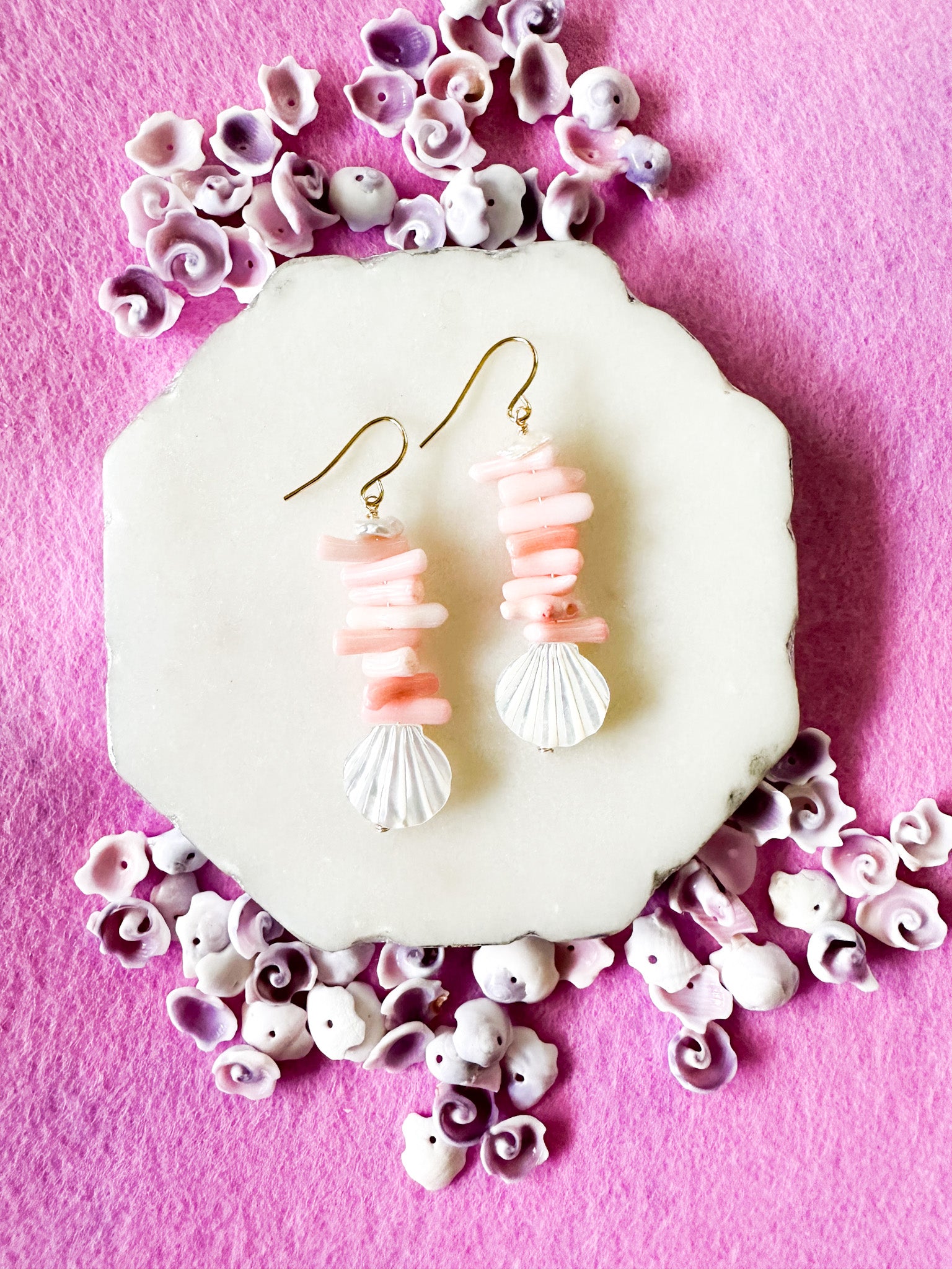 Pink Coral & Shell Clam Earrings - Lehua Hawaii Jewelry LLC