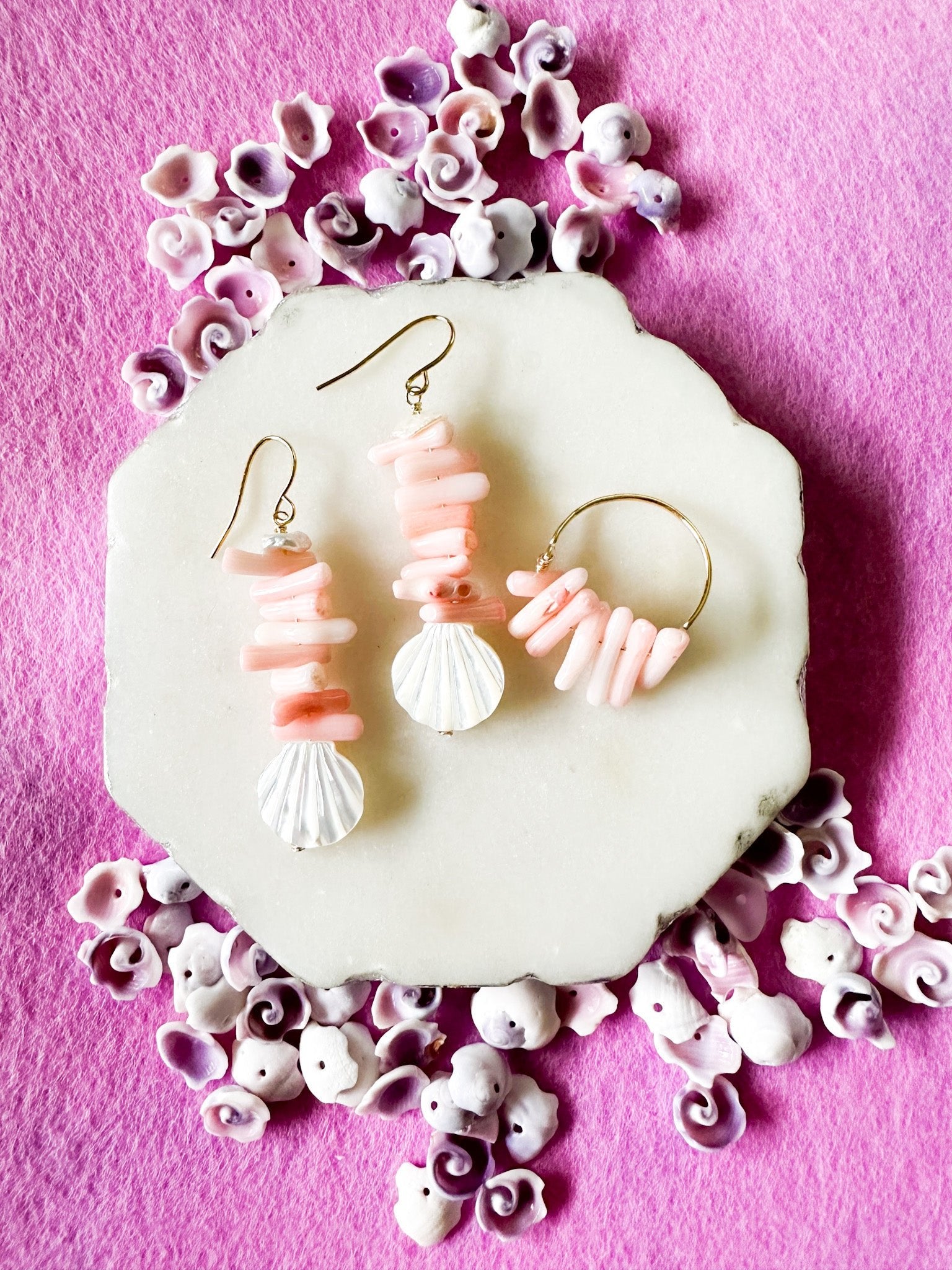 Pink Coral & Shell Clam Earrings - Lehua Hawaii Jewelry LLC