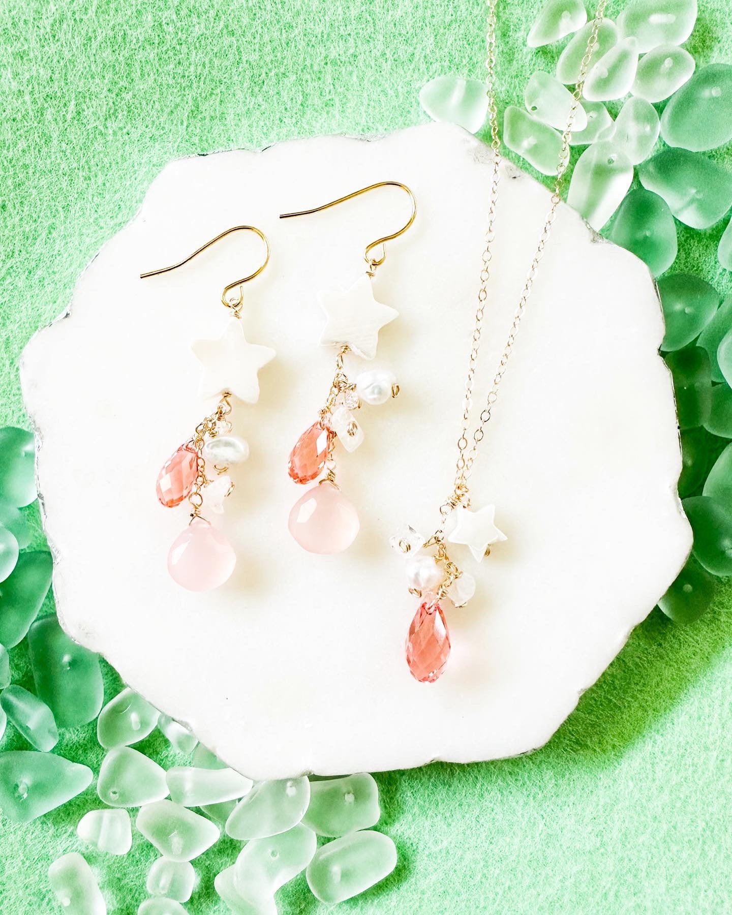 Mermaid Rose Peach Crystal Star Necklace