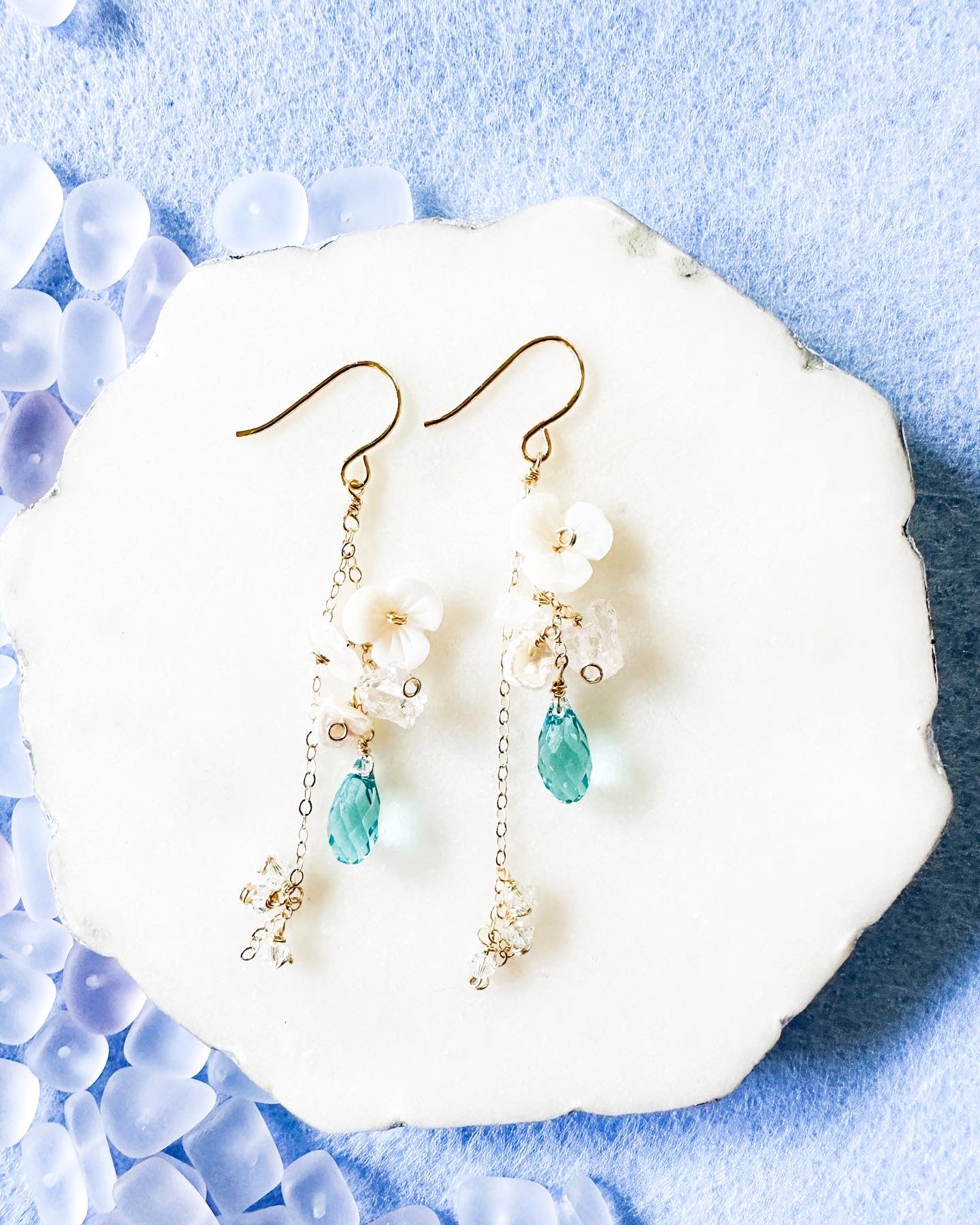 Turquoise Blue Crystal & Shell Flower Earrings