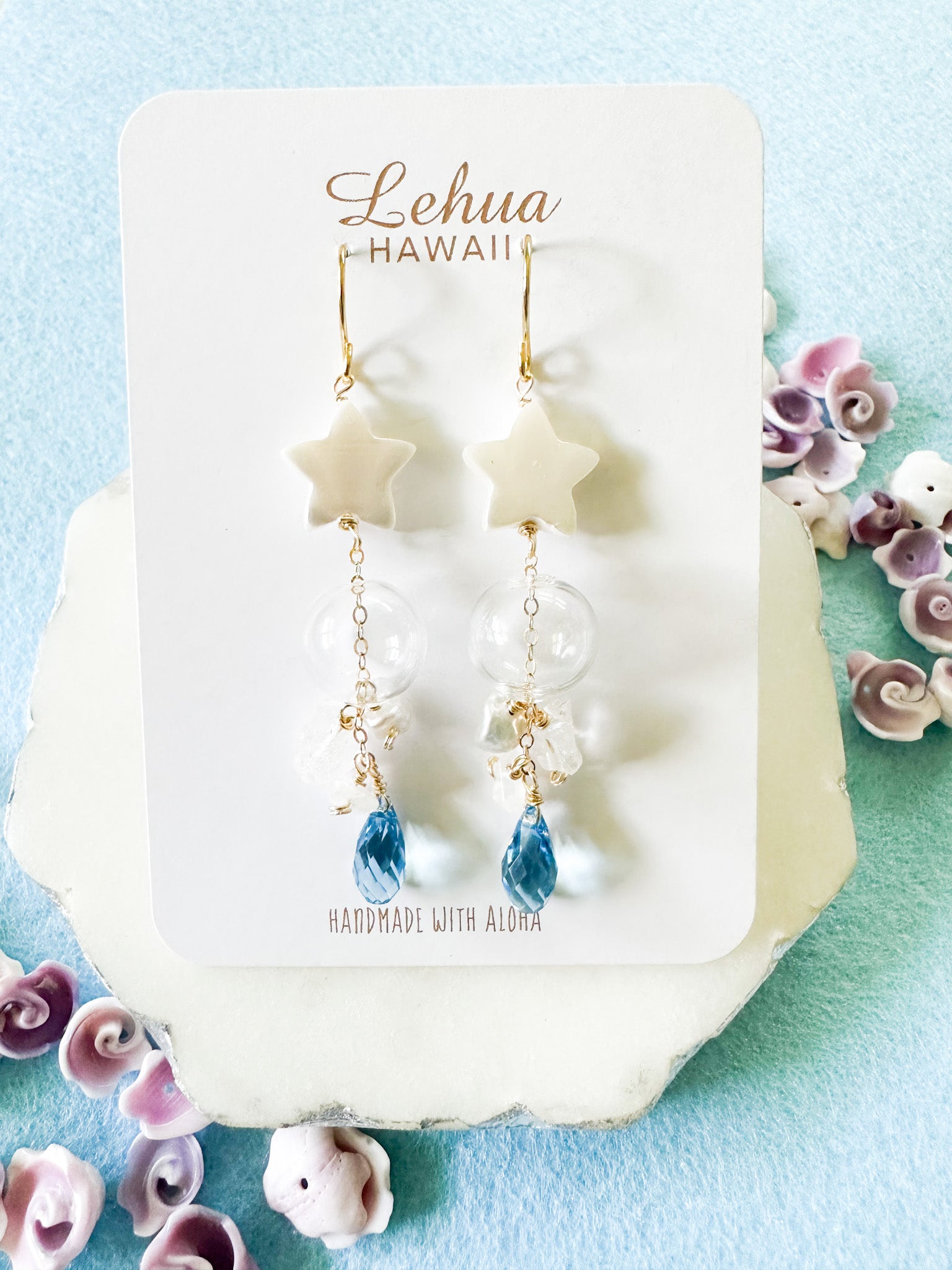 Aquamarine Blue Crystal Glass Star Earrings - Lehua Hawaii Jewelry LLC