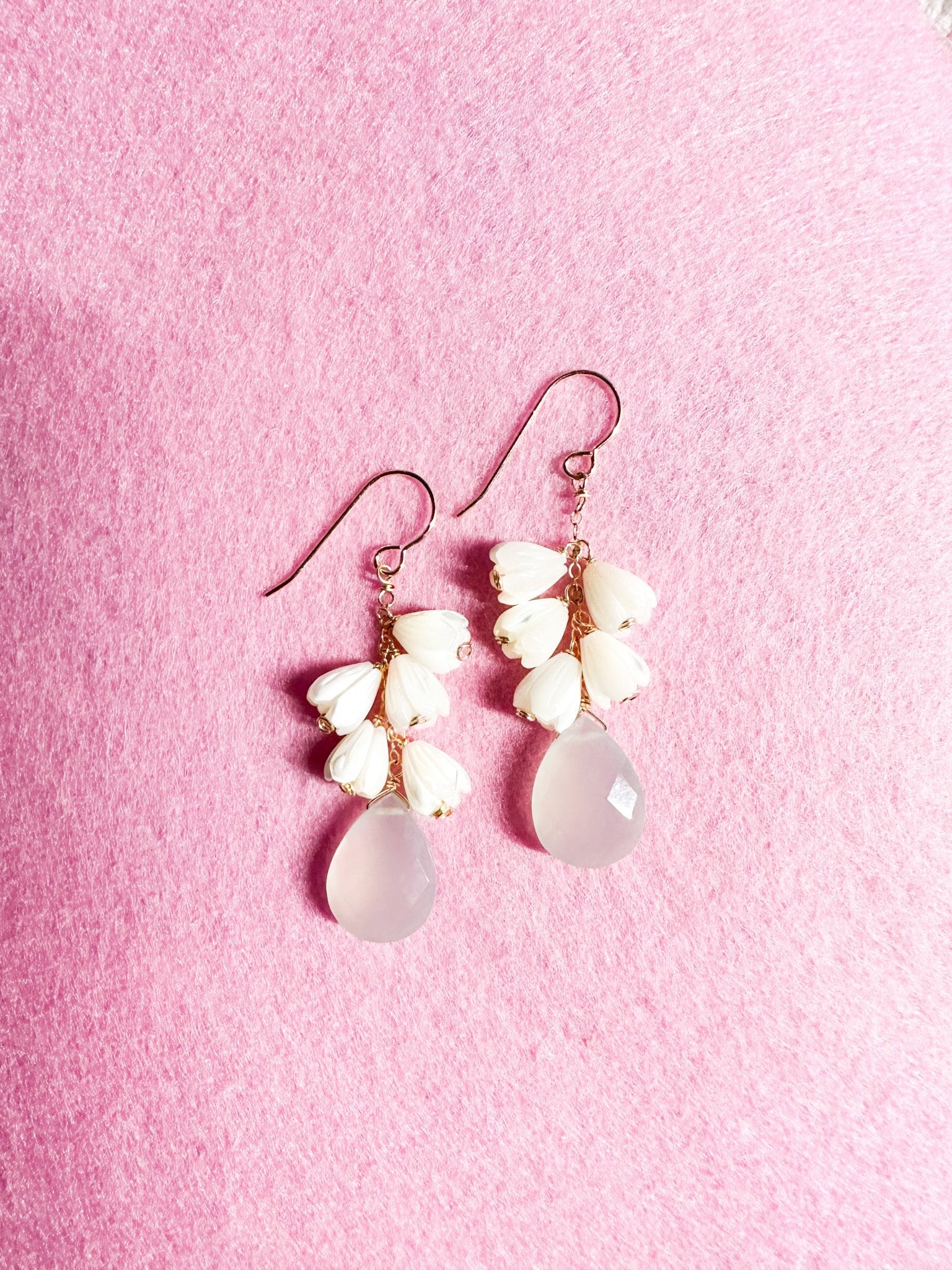 Aqua Chalcedony & Pikake Flower Earrings - Lehua Hawaii Jewelry LLC