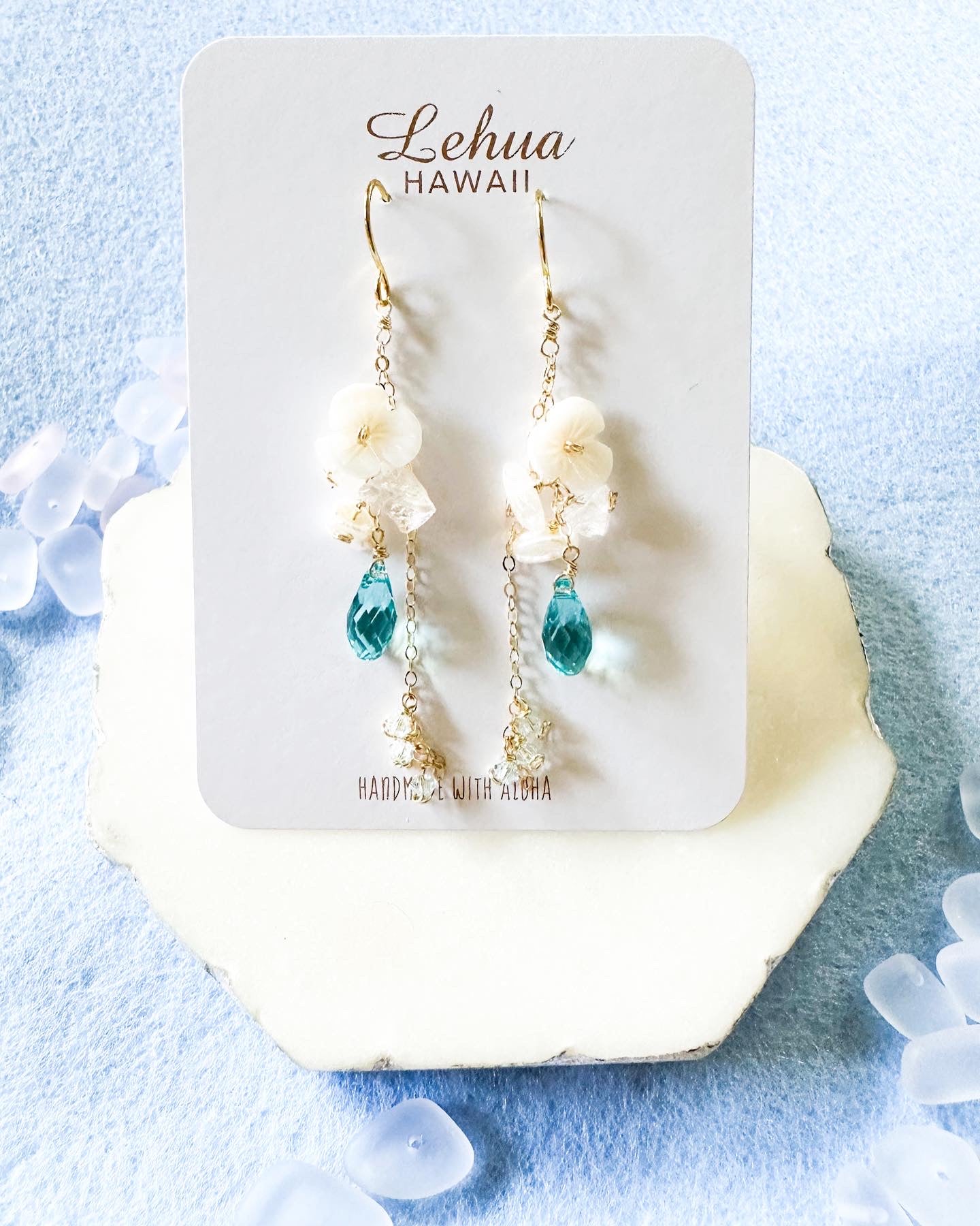 Turquoise Blue Crystal & Shell Flower Earrings