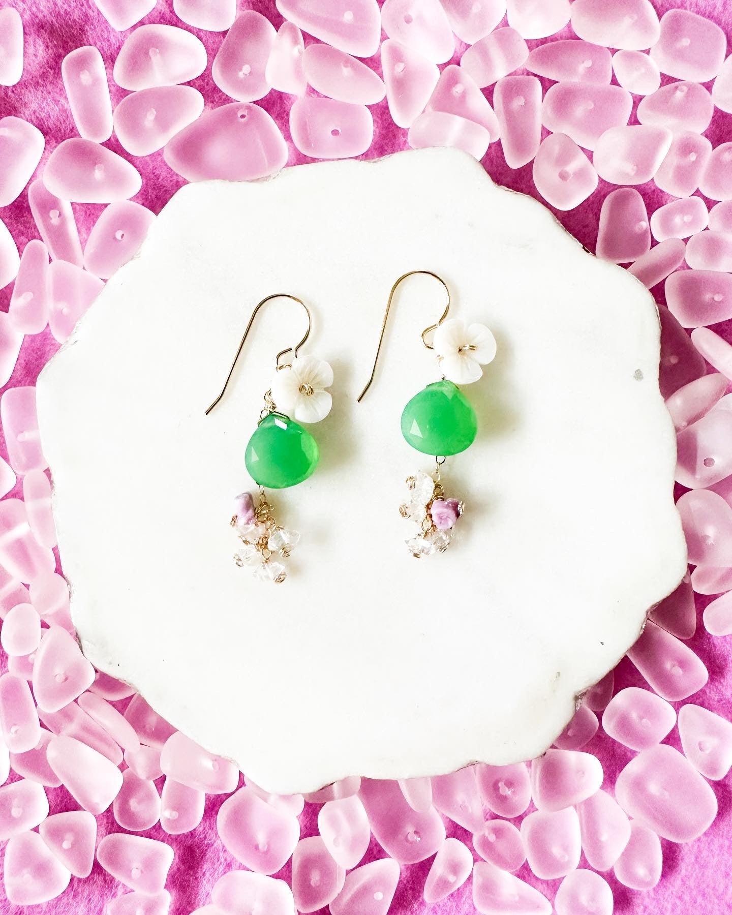 Chrysoprase Heart Briolette & Shell Flower Earrings