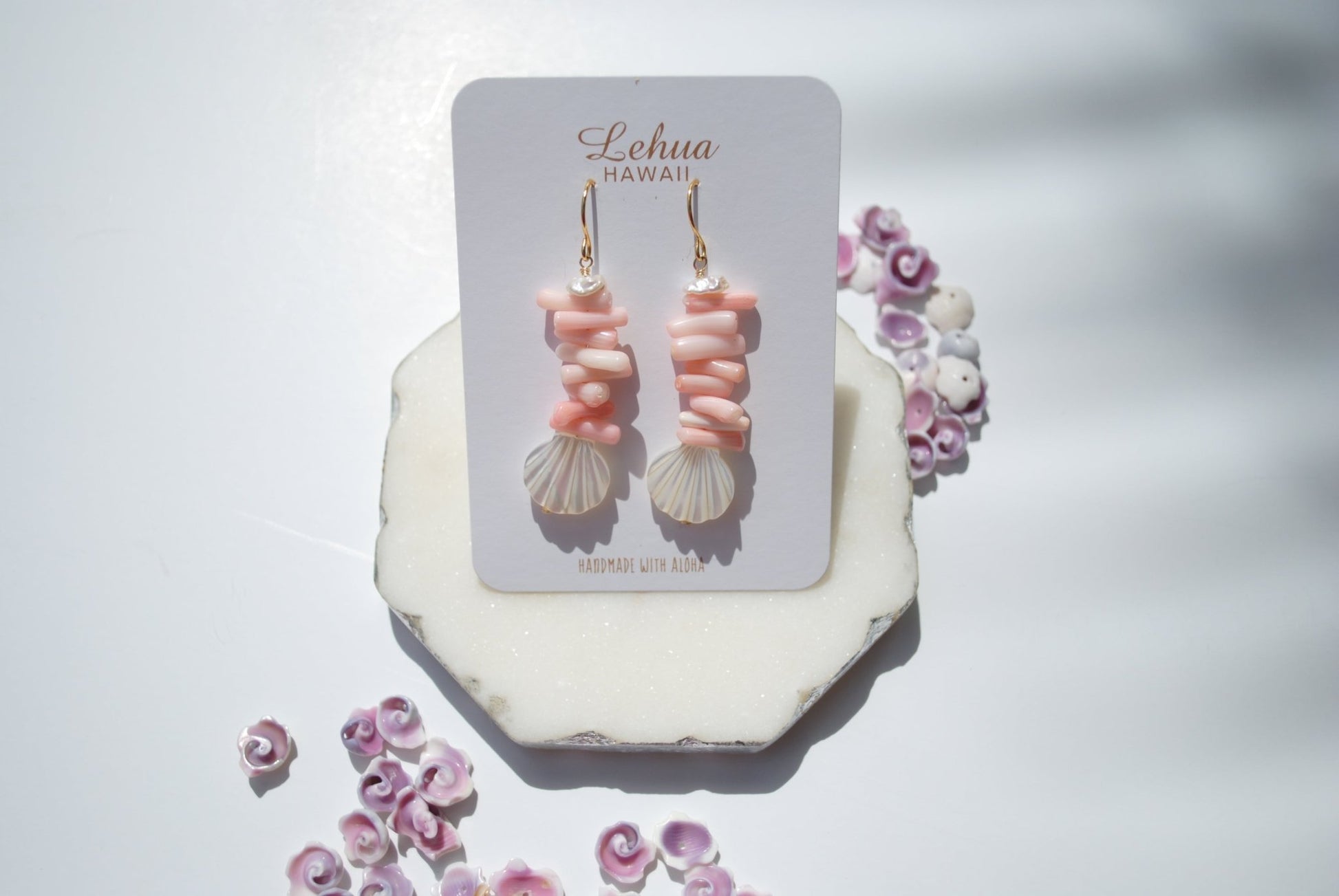 Pink Coral & Shell Clam Earrings - Lehua Hawaii Jewelry LLC