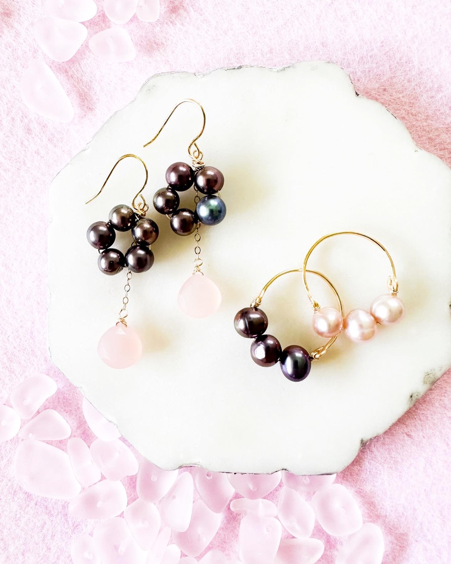 Pearl Flower & Rose Pink Chalcedony Earrings