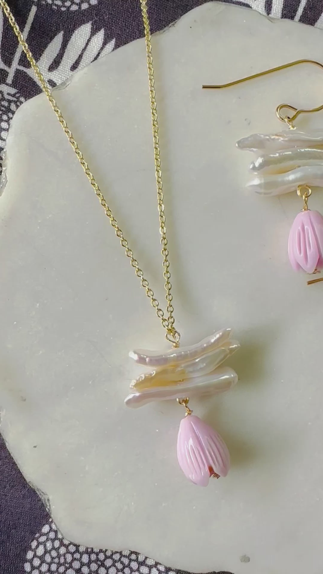 Load video: Biwa Pearl & Lavender Pikake Earrings