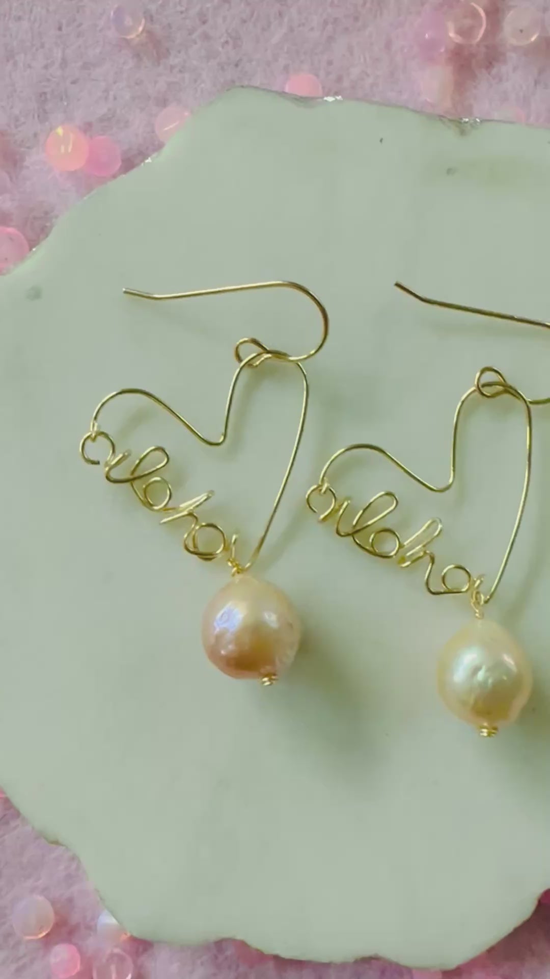 Load video: Aloha Heart & Pink Pearl Earrings