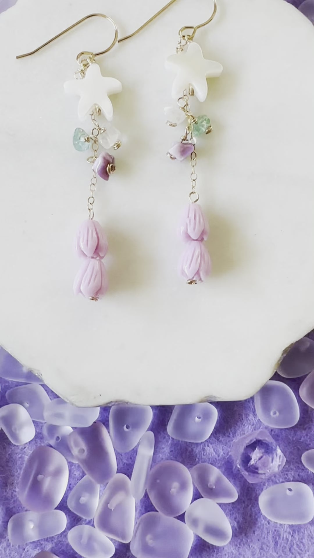 Load video: Shell Starfish & Pink Violet Pikake Esrrings