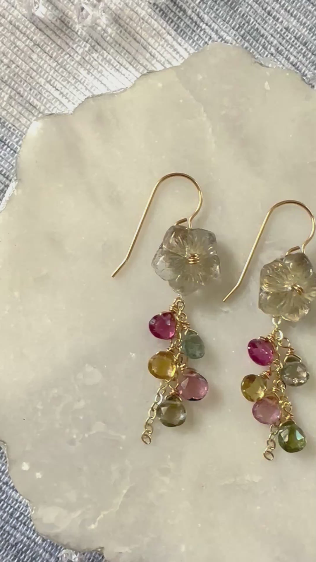 Load video: Vintage Gold Flower & Toumaline Earrings