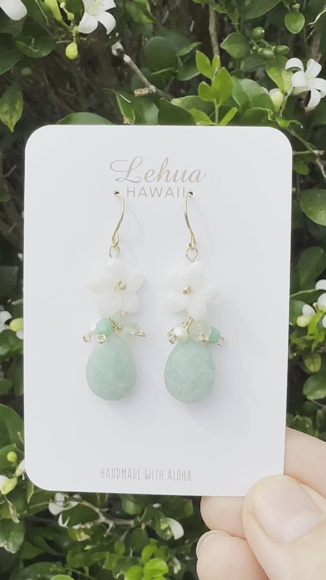 Load video: White Flower Shell & Amazonite Gems Earrings