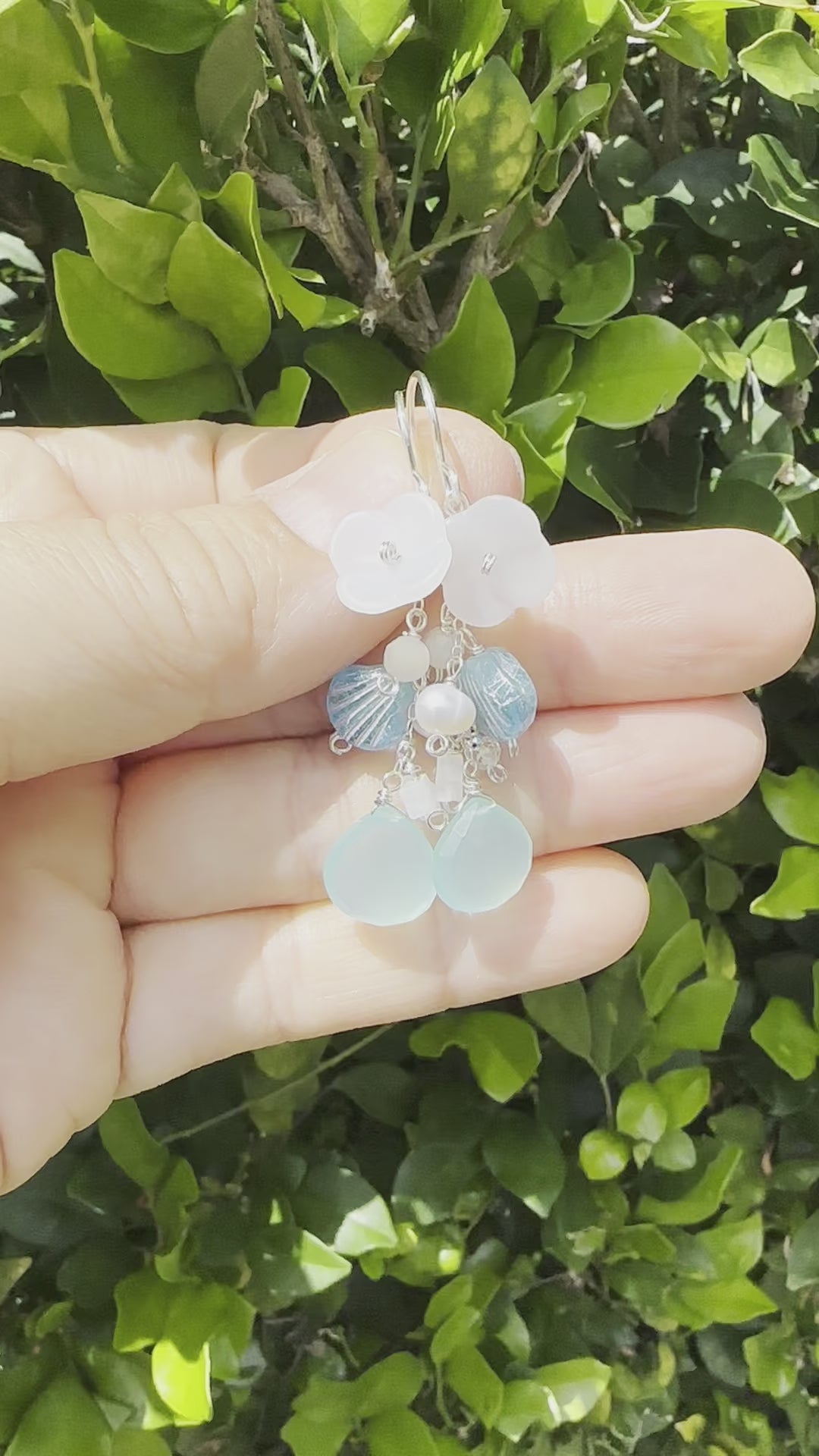 Load video: Aqua Sea Mist & Frosted Flower Eariings