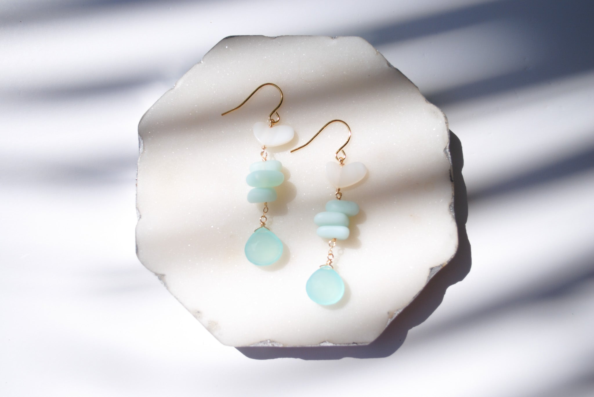 Aqua Sea Mist & Shell Heart Earrings