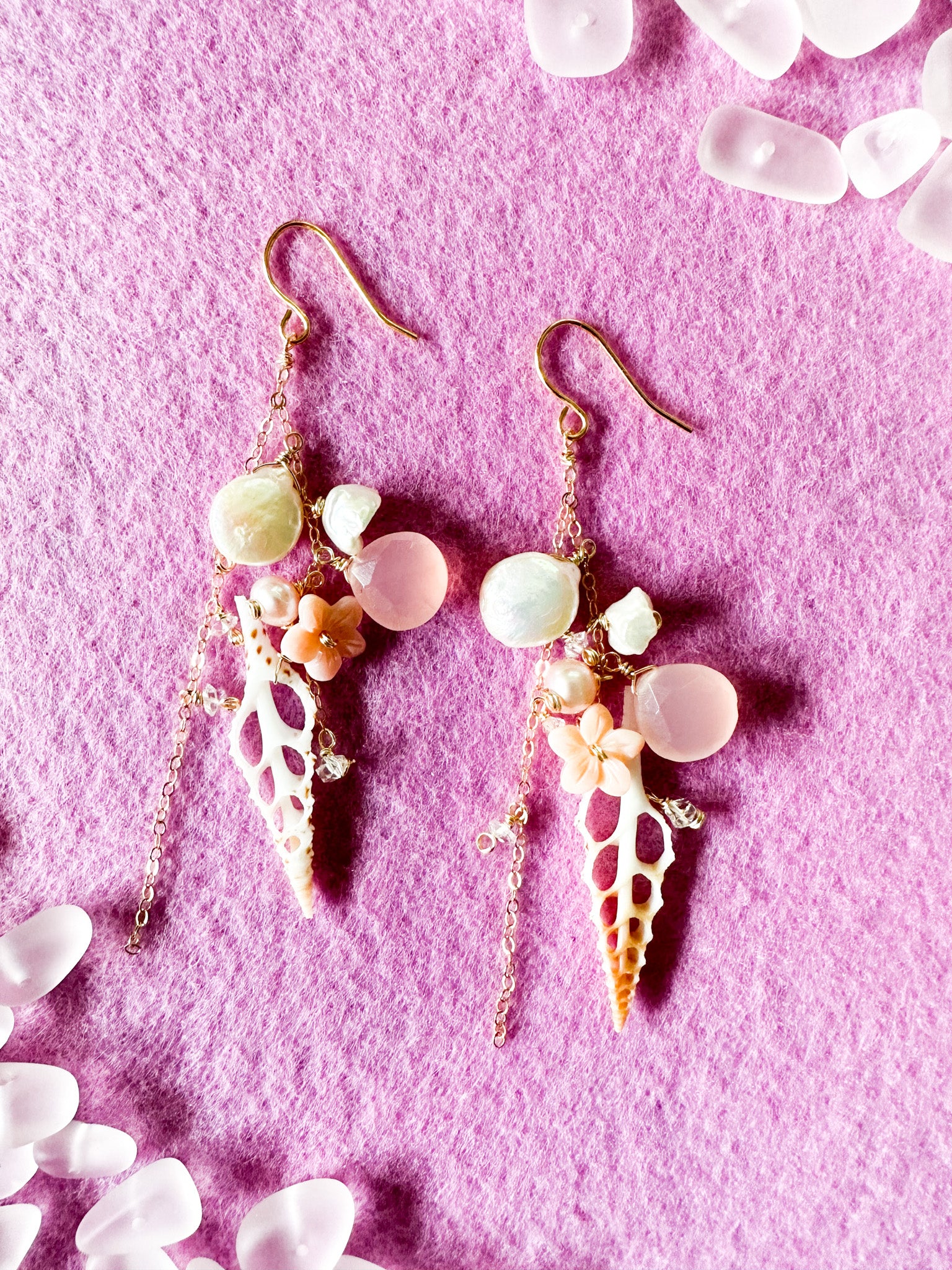 Rose Pink Chalcedony & Seashell Earrings