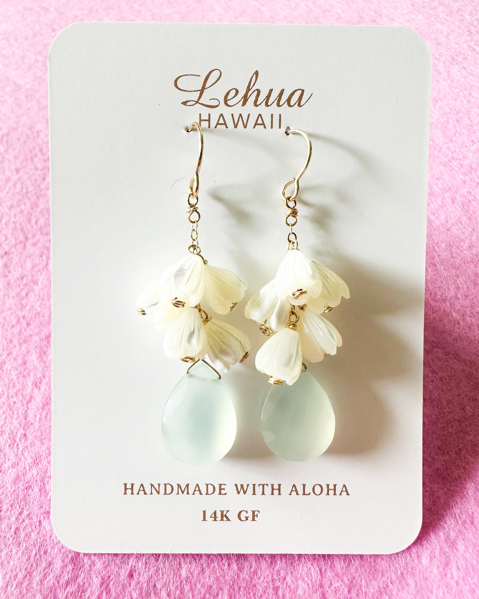 Aqua Chalcedony & Pikake Flower Earrings - Lehua Hawaii Jewelry LLC