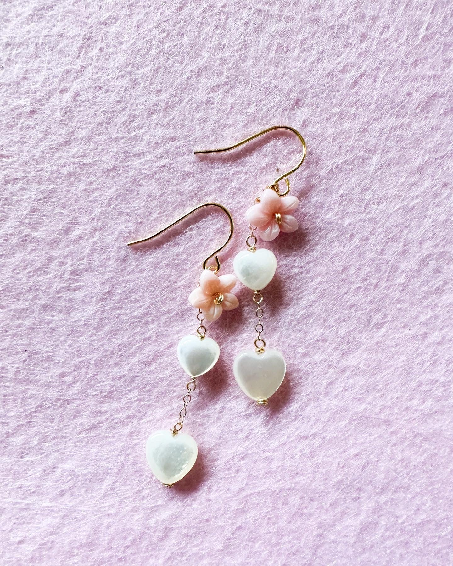 Pink Conch Shell Flower & Puffy Heart Shell Earrings