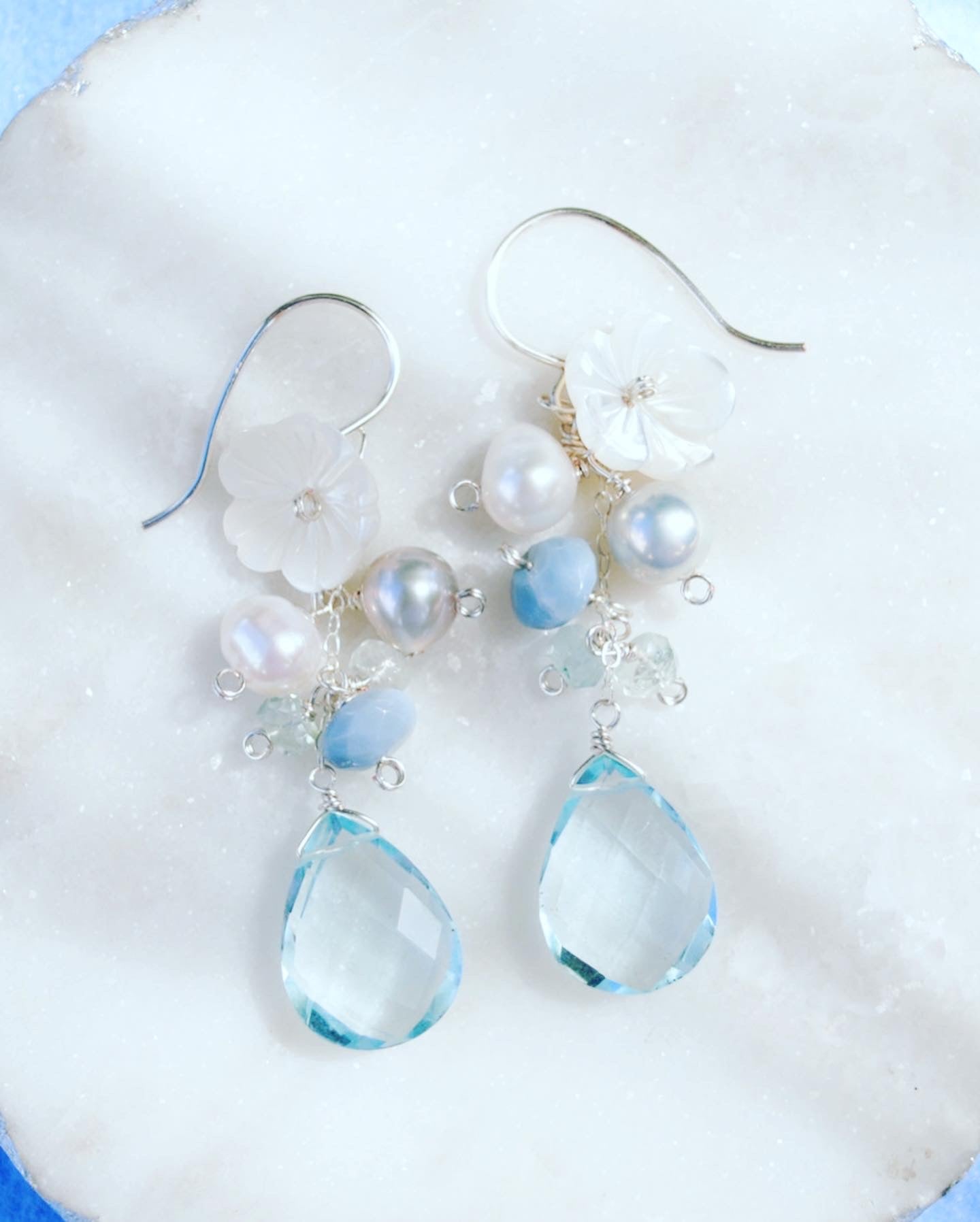 Aqua Quartz & Flower Shell Earrings