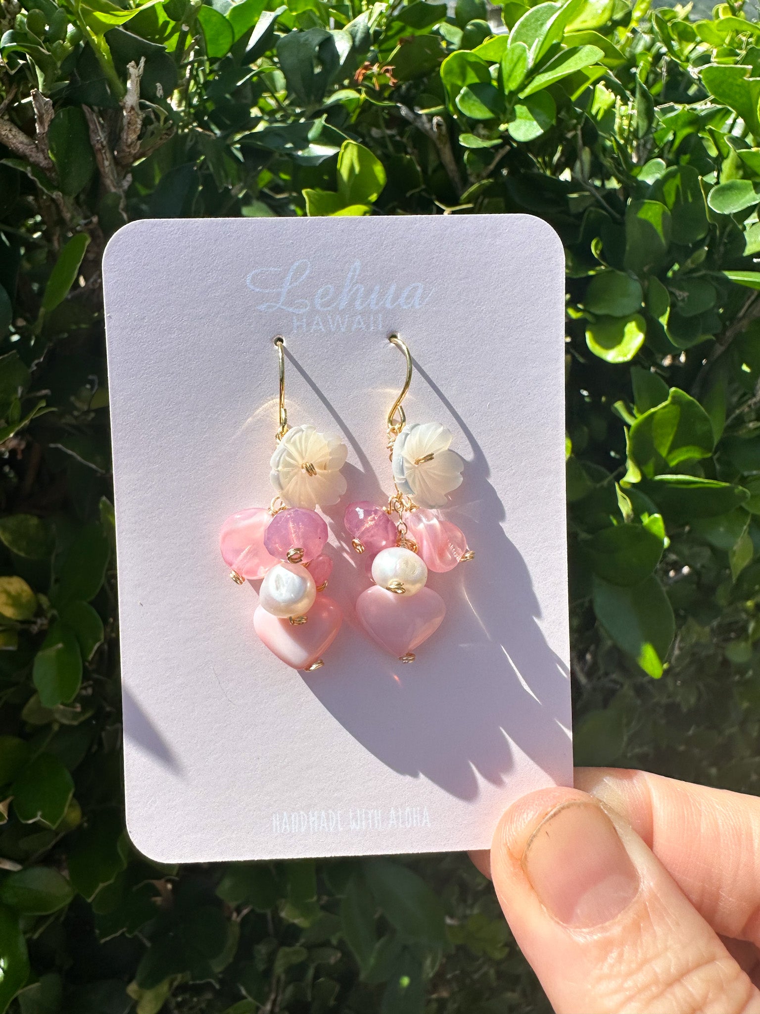 Pink Conch Shell Heart & Vintage Glass Earrings