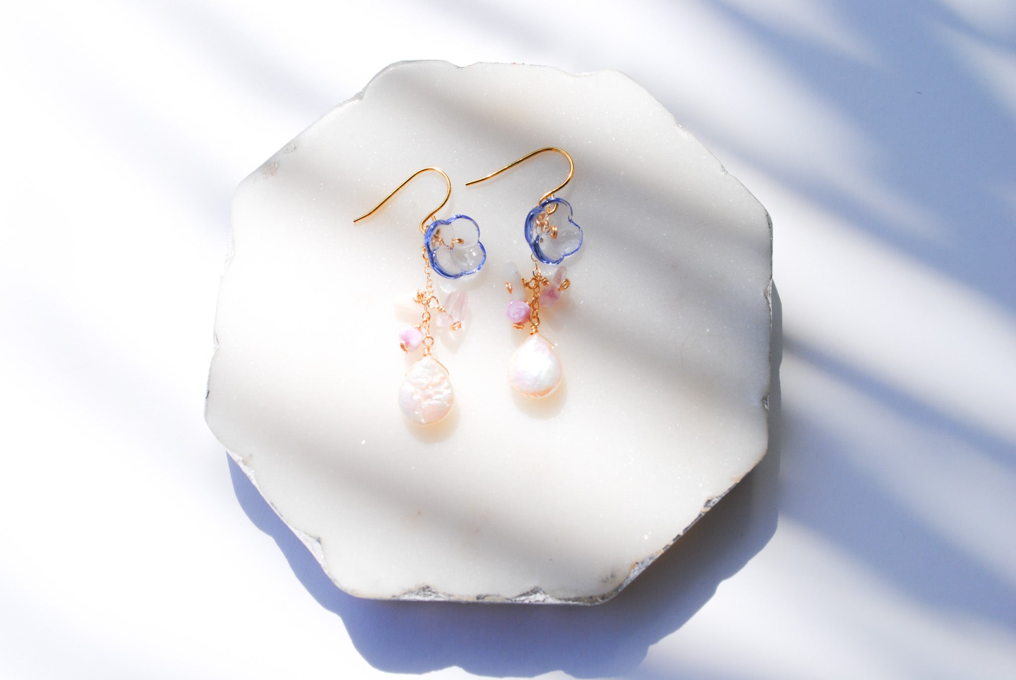 Vintage Blue Glass Flower & Pearl Earrings - Lehua Hawaii Jewelry LLC