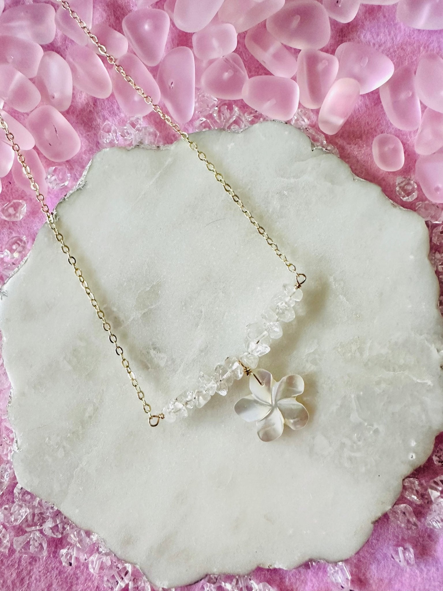 Plumeria & Clear Quartz Necklace - Lehua Hawaii Jewelry LLC