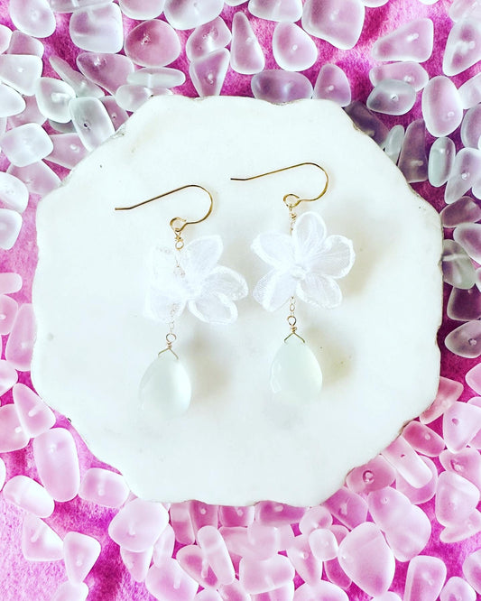 White Flower & Aqua Chalcedony Earrings