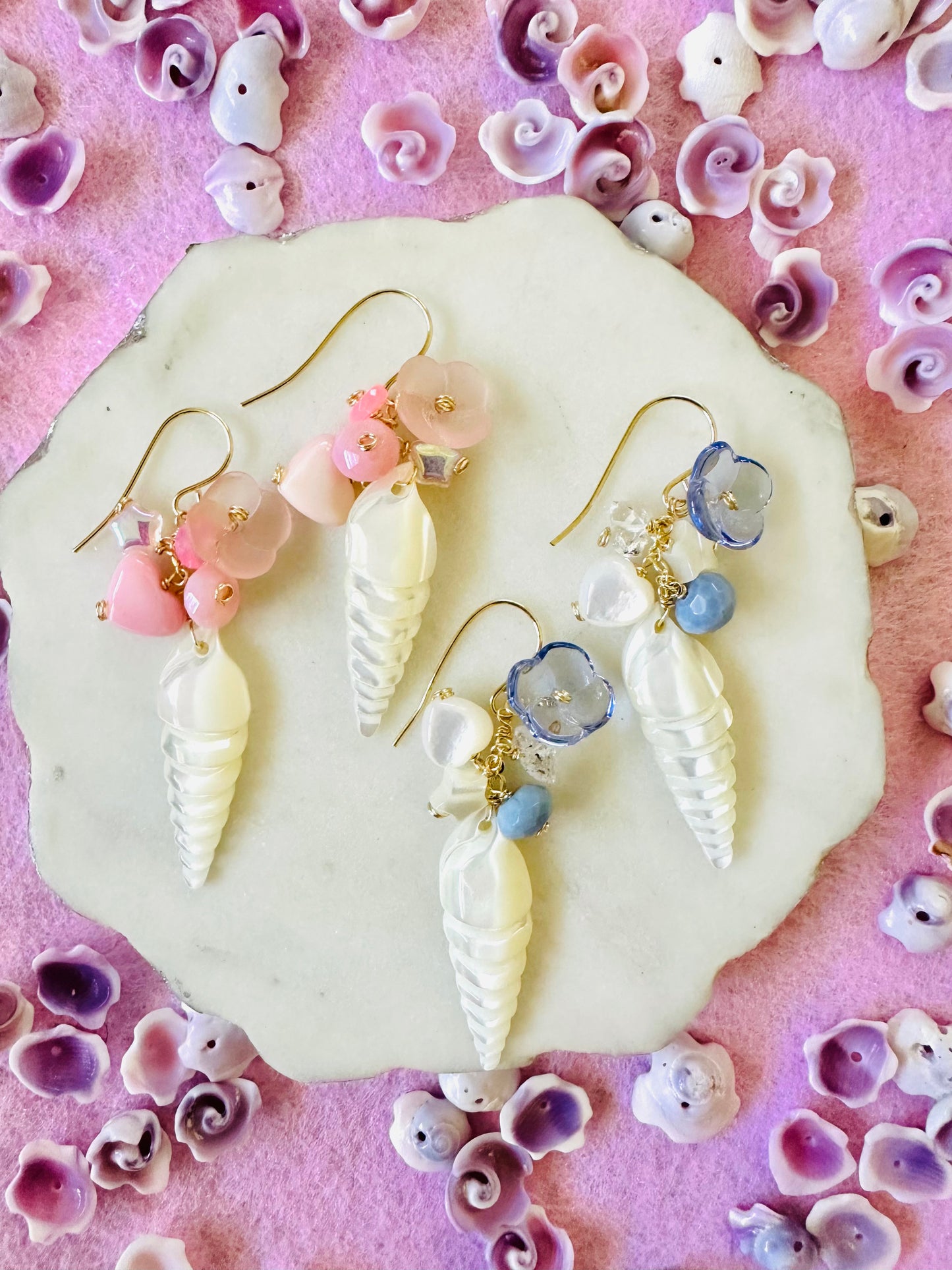 Vintage Glass Flower & Shell Earrings