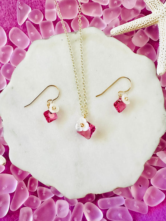 Rose Pink/Blue Crystal & Shell Flower Earrings