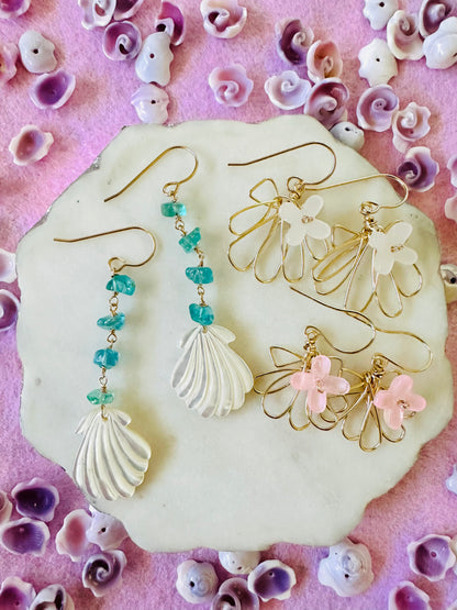 Clam Shell & Glass Flower Earrings