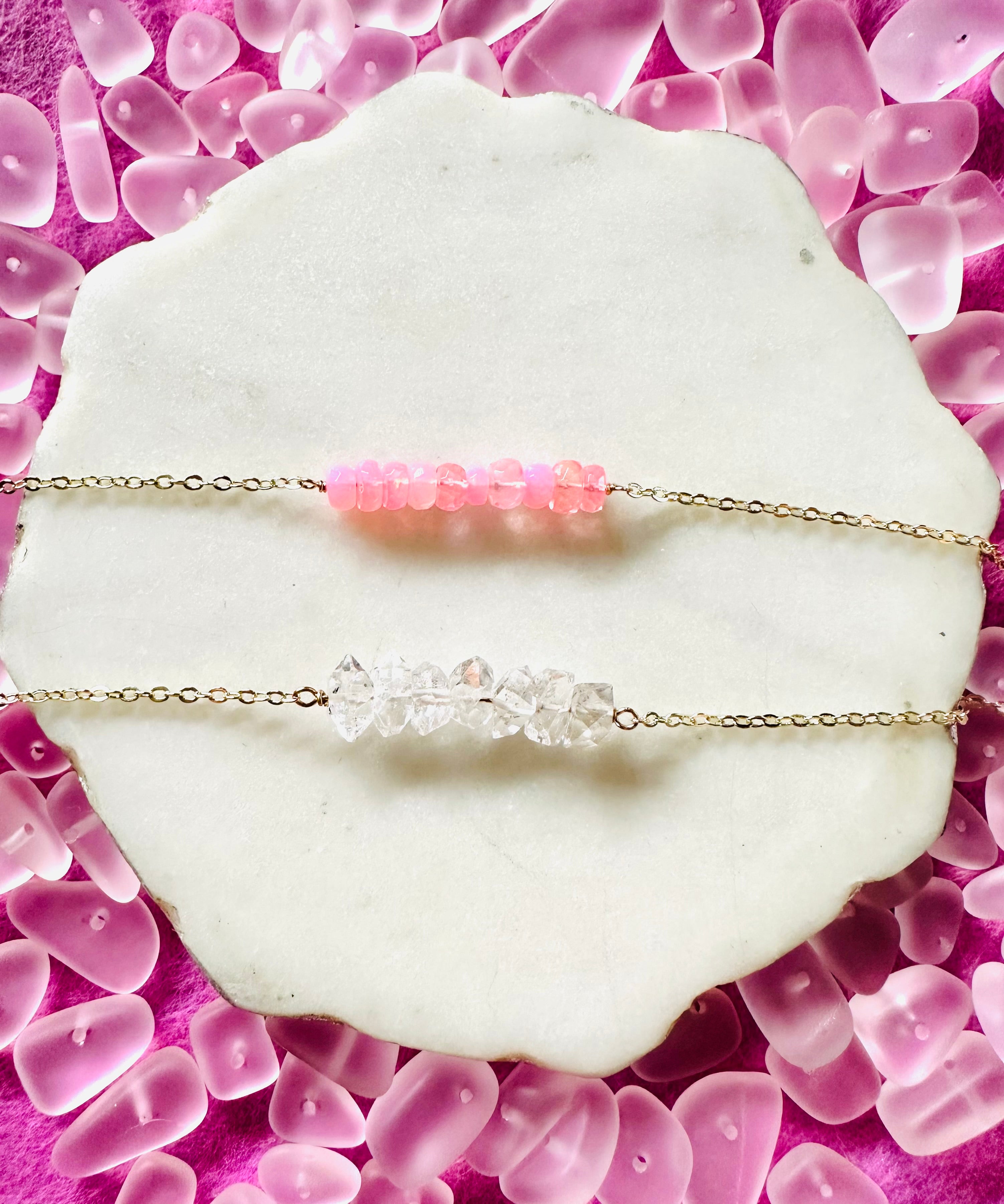 Pink Opal/Herkimer Diamond Bracelets