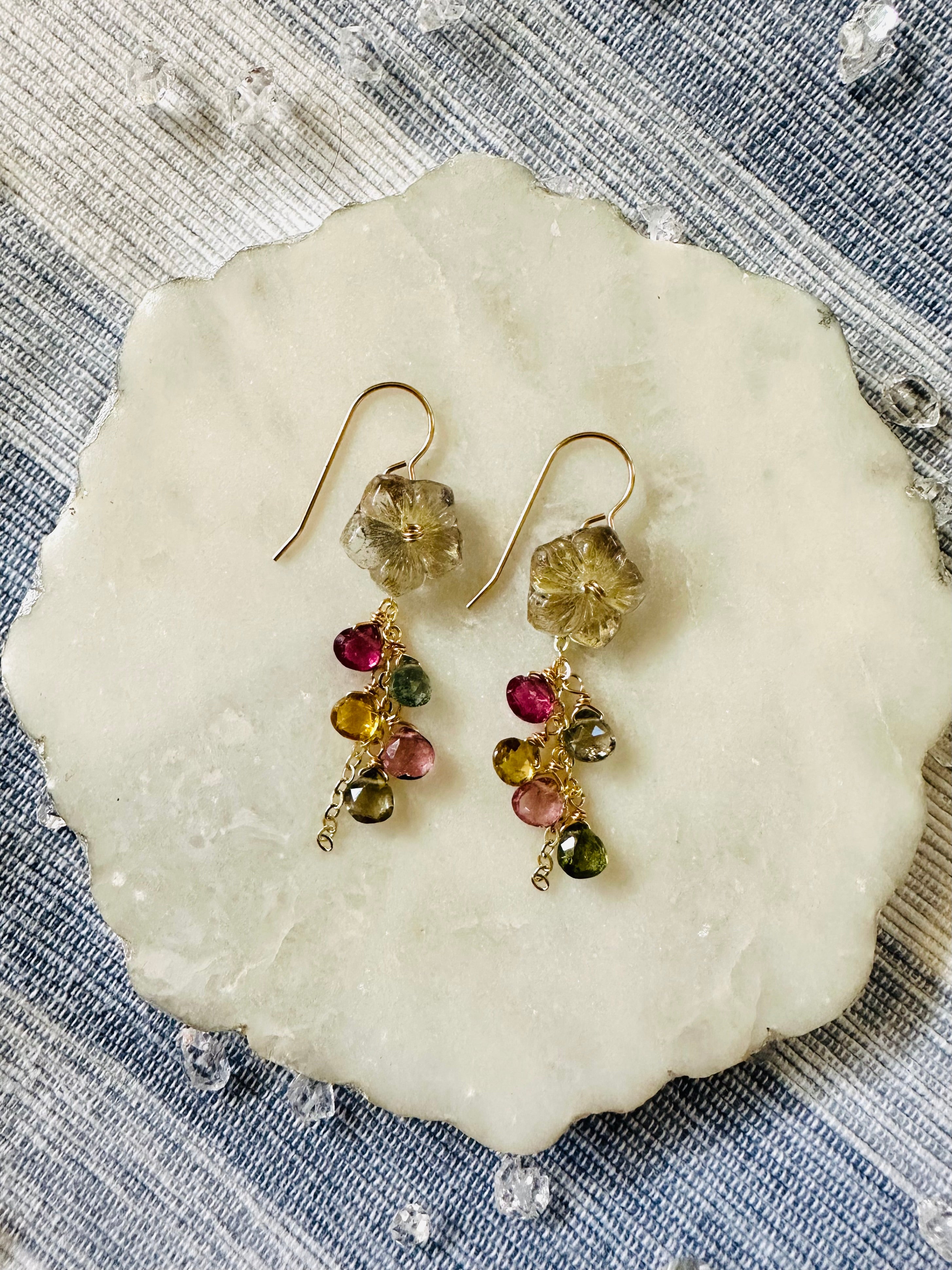 Vintage Gold Flower & Toumaline Earrings