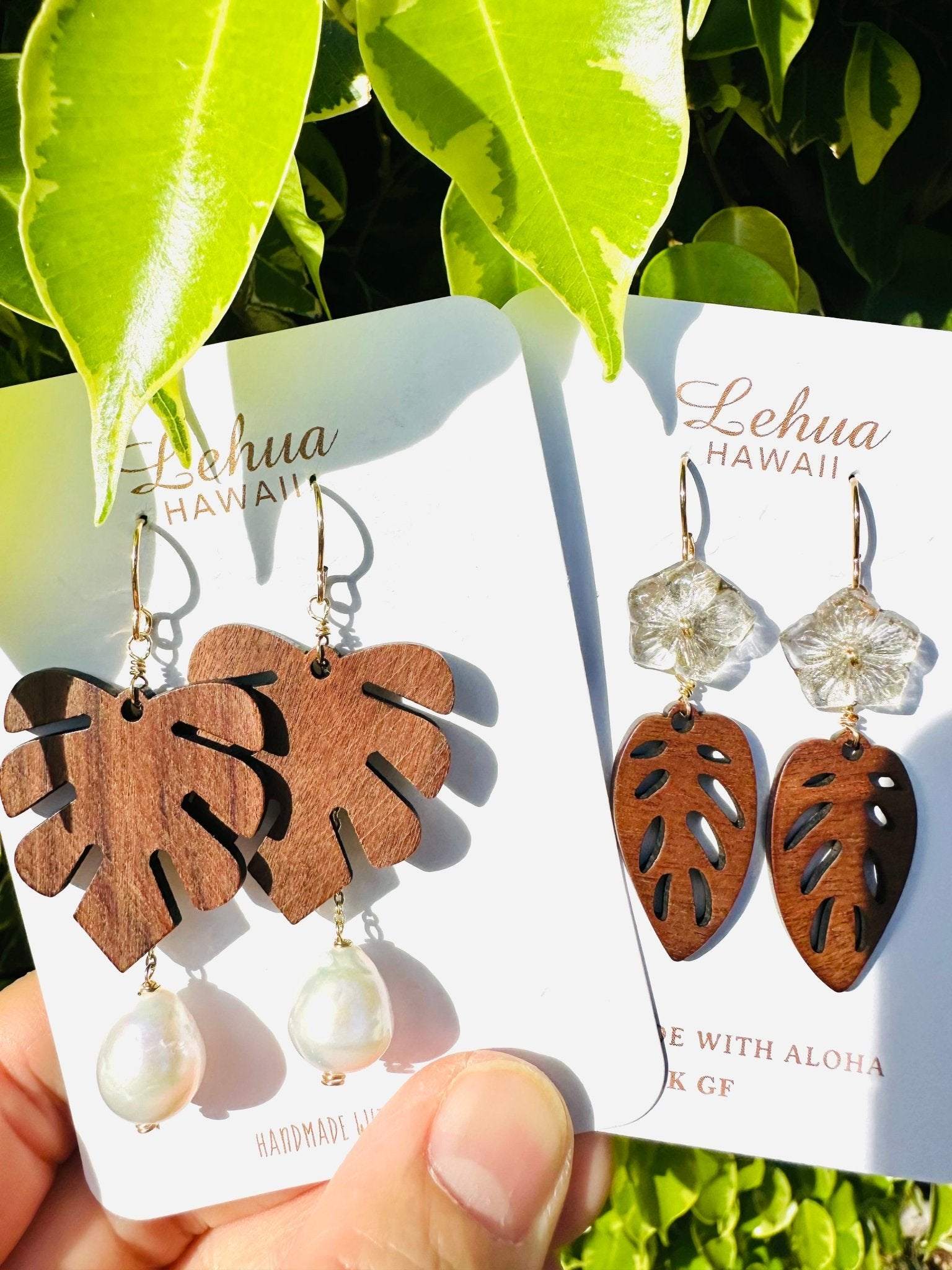 Monstera & Drop Pearl Earrings - Lehua Hawaii Jewelry LLC