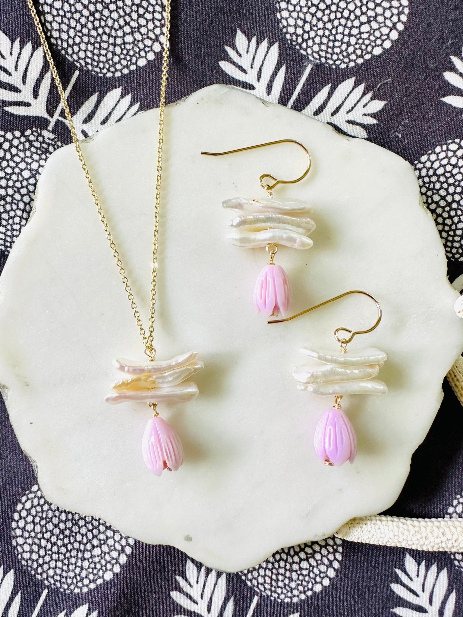 Biwa Pearl & Lavender Pikake Earrings - Lehua Hawaii Jewelry LLC