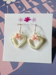 Shell Heart & Pink Conch Shell Flower Earrings