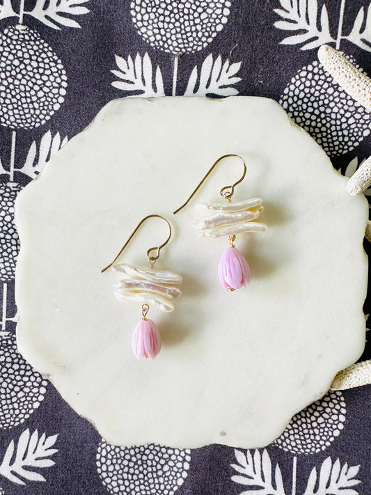 Biwa Pearl & Lavender Pikake Earrings