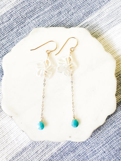 Plumeria & Sleeping Beauty Turquoise Drop Earring - Lehua Hawaii Jewelry LLC